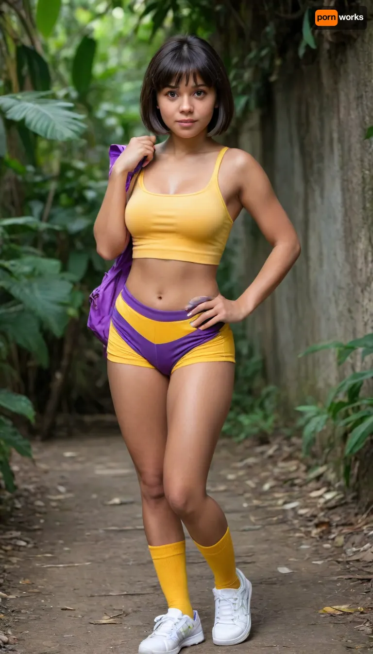 dora the explorer, dora the explorer's outfit, dora, explorer, latina, mexican, tanned skin, black bob bowlcut haircut, curtain bangs, jungle, (bottomless), (topless), (yellow socks), (white sneakers), big tits, little ass, busty, purple backpack, Alanya, Ruins, cute face, pretty face, pretty eyes, high detail face, high quality face, high resolution photo, 8K, HD, best quality, tits out, rear side view