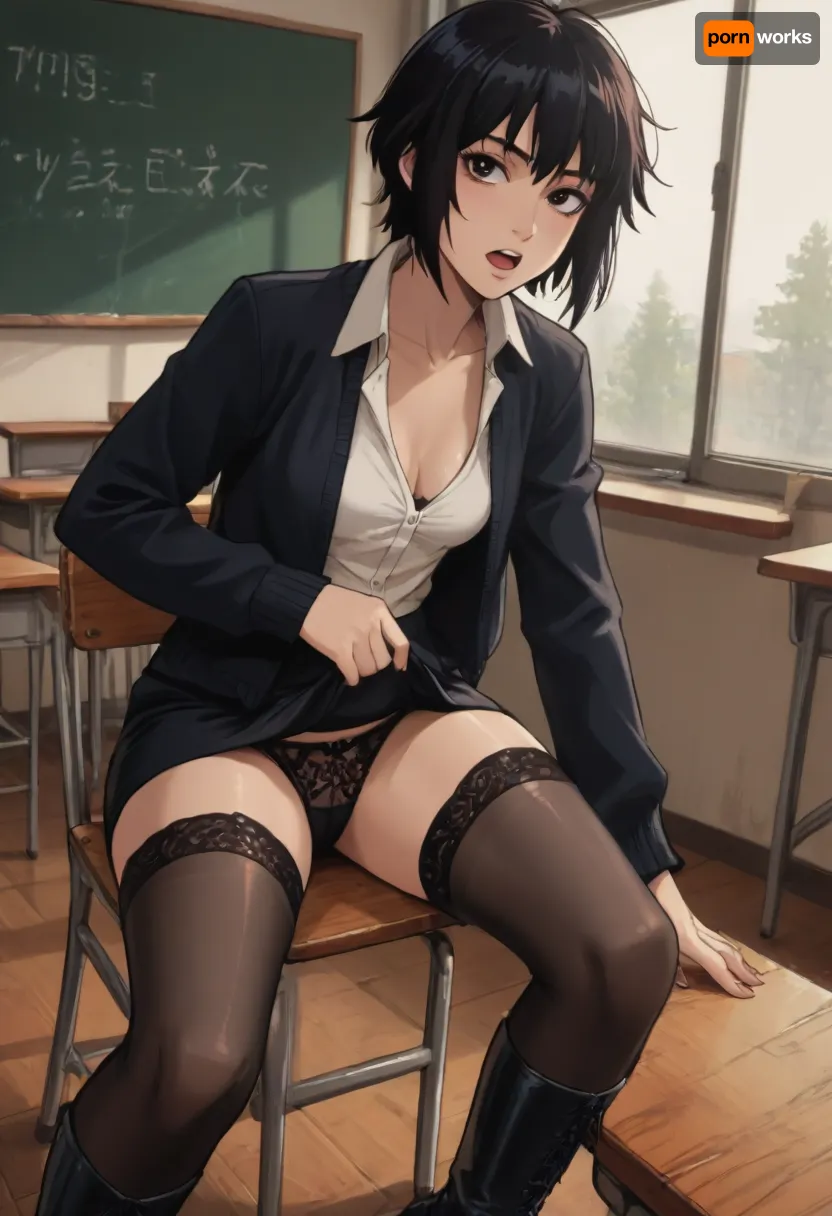 Score_9, score_8_up, score_7_up, reiq meets markgavatino art style, perfect fingers, official art, boyish, tomboy, 45 year old teacher in classroom, small breasts, brown eyes, black hair, teasing, flirty, open mouth, black cardigan, shirt, pencil skirt, stockings, black long boots, seductive, thick thighs, ultra detailed, high resolution, anatomically accurate, perfect face, perfect hourglass body, sitting on chair in classroom, lifting skirt to show lace panties while leaning forward to show cleavage, pubic hair, nip slip, cute, doodle, ratatatat74, <lora:cutedoodle_XL-000012:.8>, <lora:ratatatat74-000050:.8>, <lora:NEOTOKIOXL_0.2_RC:.8>, <lora:outline_xl_kohaku_delta_spv5x:.8>