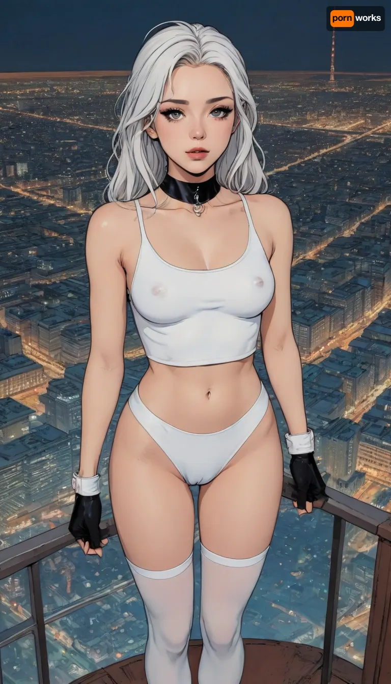 score_9, score_8_up, score_7_up, source_anime, (wide choker), (leather black micro skirt), (white crop top:1.5), black stockings with garters, standing, (makeup:1.5), (view from above:1.5), long white hair, (A detailed anime drawing with clean lines and meticulous shading, flat colors, line art, no gradients), realistic anatomy, night, moon, Moebius, detailed face, page, lineart, <lora:Moebius (Jean Giraud) Style:1>, <lora:outline_xl_kohaku_delta_spv5x:1.1>, <lora:lineartSDXL:.8>