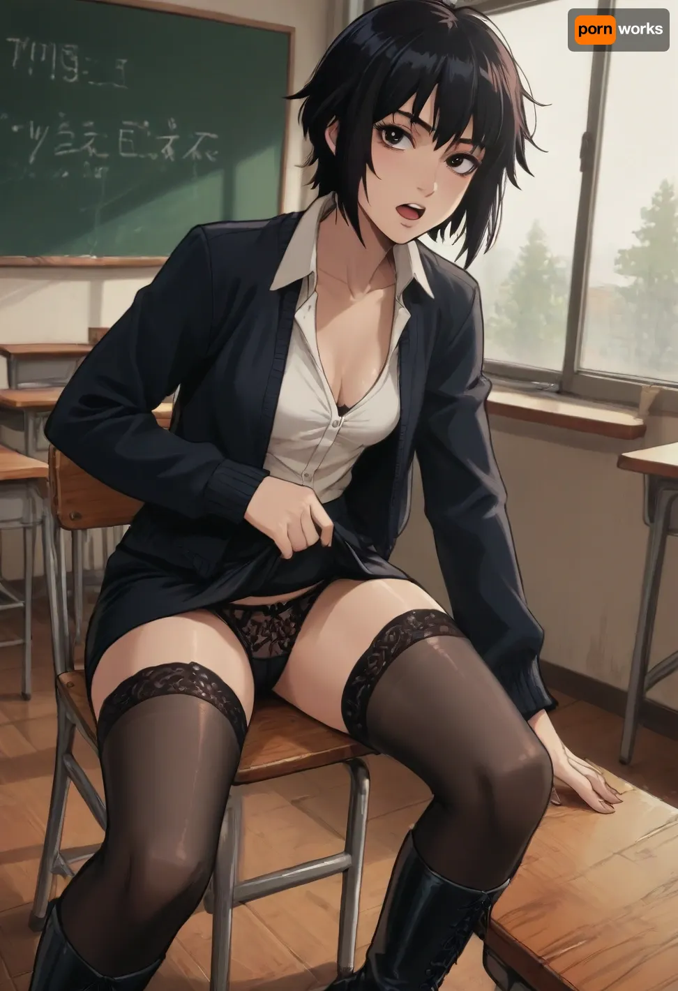 Score_9, score_8_up, score_7_up, reiq meets markgavatino art style, perfect fingers, official art, boyish, tomboy, 45 year old teacher in classroom, small breasts, brown eyes, black hair, teasing, flirty, open mouth, black cardigan, shirt, pencil skirt, stockings, black long boots, seductive, thick thighs, ultra detailed, high resolution, anatomically accurate, perfect face, perfect hourglass body, sitting on chair in classroom, lifting skirt to show lace panties while leaning forward to show cleavage, pubic hair, nip slip, cute, doodle, ratatatat74, <lora:cutedoodle_XL-000012:.8>, <lora:ratatatat74-000050:.8>, <lora:NEOTOKIOXL_0.2_RC:.8>, <lora:outline_xl_kohaku_delta_spv5x:.8>