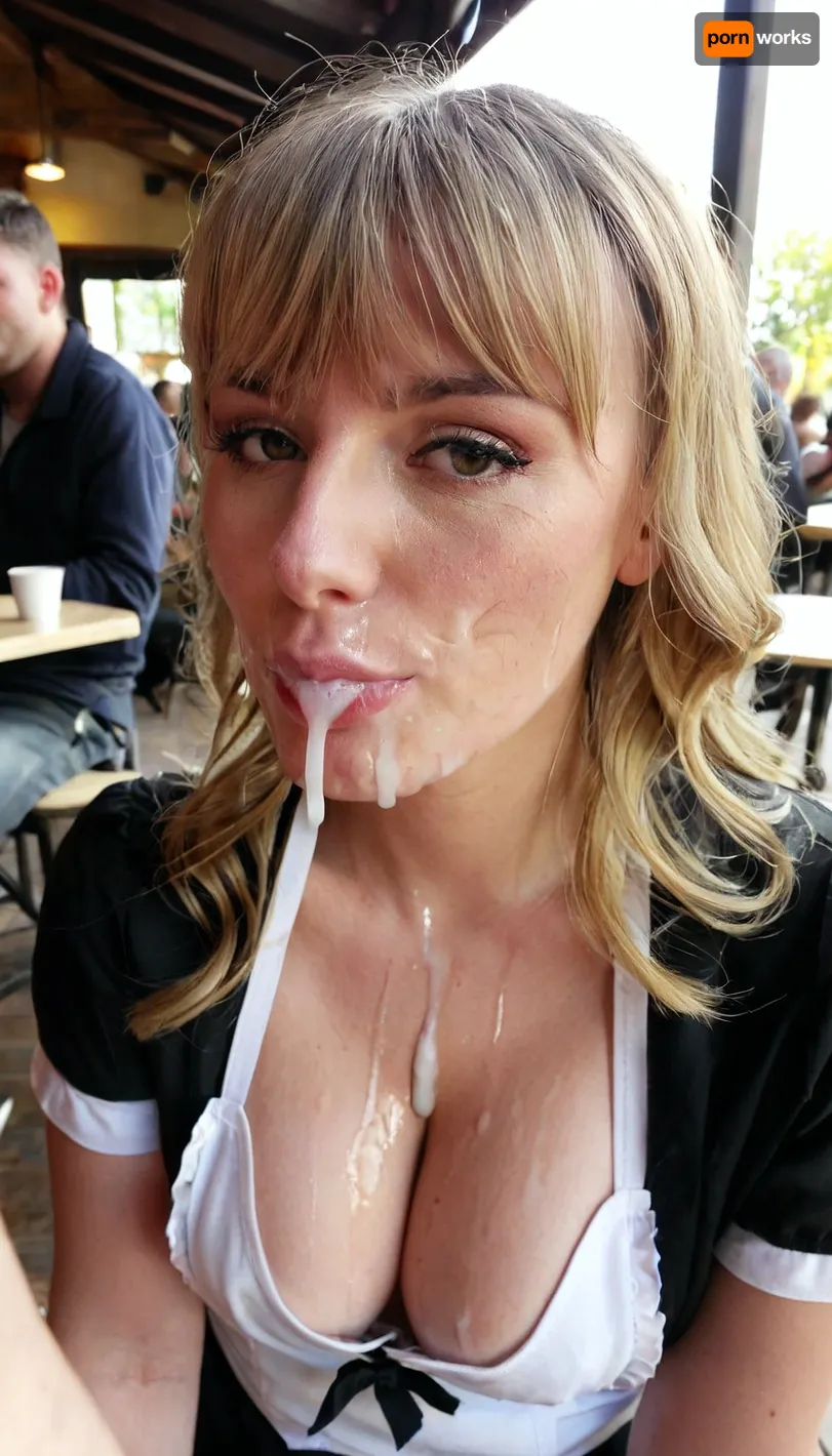 Amature 21 year old athletic barmaid, bangs wavy blonde hair, cleavage, shirt, apron, face covered in loads of semen, face glazed with cum from a lot of men, cum in hair, cum on the forehead, cum on the nose, cum on cheeks, cum on mouth, cum dripping off chin, in crowded cafe terrace, sun light, wide shot