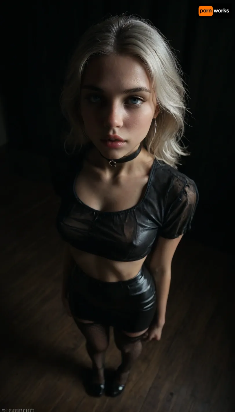 (score_7_up, score_8_up, score_9, 1girl, solo, masterpiece), cute face, (face close-up), ((standing)), deep cleavage, (overhead view, view from above:1.3), (skindentation:1.1), sultry, seductive, seducing, alluring, intimate, sexual, horny, ((long white hair)), (black leather micro skirt), 18yo girl, (athletic skin body), (narrow waist:1.4), ((hip gap)), insatiable, lustful, erotica, irresistible, ziprealism, white knotted blouse, erected nipples, black choker, platform high-heels, oiled skin, (black fishnet stockings with garters), (garters), (mouth wide open), ((blue_eyes)), (black background, chiaroscuro lighting:1), <lora:sunnyrayyxo_v1_SDXLBase:.4>, <lora:dark:.6>