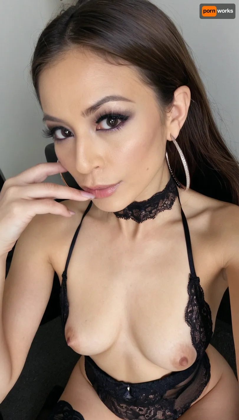 sexy mature, 45 years old, Japanese, brunette hair, long hair, huge hoop earrings, neck lace, make up, very smoked black eyes, sexy naught charming horny face, very thin and small, small tiny natural tits, seated, sexy selfie