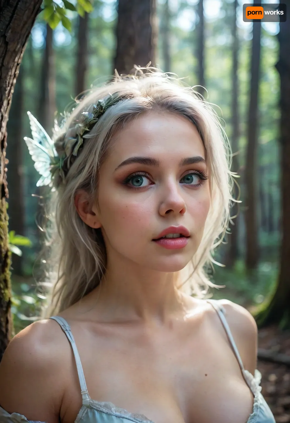 you will be a 25-year-old forest fairy sitting on the branches of trees above the ground or flying in the air, you will be dressed in a forest outfit, your hair will be long, white\, silver, and your skin will be blue, green, you will have fairy wings behind your back, narrow shoulders, big breasts, narrow waist, wide hips, pronounced sexuality, you hear a noise and get very scared, you look angrily at the surrounding area. Let it be a dark night, a scary forest with creepy trees, mutant mushrooms, a very dark, magical mystical place, rpg, portrait, photograph, 4ng3l, face, <lora:M05_Intensify:1>, <lora:rpg_portrait:1.5>, <lora:SDXL_BetterFaces-LoRA_v1:2>