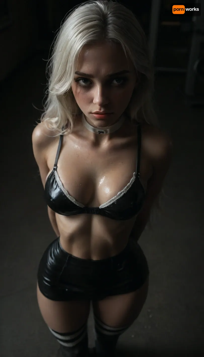 (score_7_up, score_8_up, score_9, 1girl, solo, masterpiece), (seductive and embarrassed face:1.5), ((long white hair:1.5)), ((black leather micro skirt)), very tiny shorts, 18yo girl, (athletic skin body), (narrow waist:1.4), ((hip gap)), (white g-strings), white choker, ((into the gym)), (oiled skin:1.4), ((white striped thigh high socks)), (chiaroscuro lighting:.5), (big athletic booty), (ruined slutty makeup:1.1), erected nipples, ((white tiny wet bra)), (view from above:2), <lora:sunnyrayyxo_v1_SDXLBase:.4>, <lora:dark:.4>