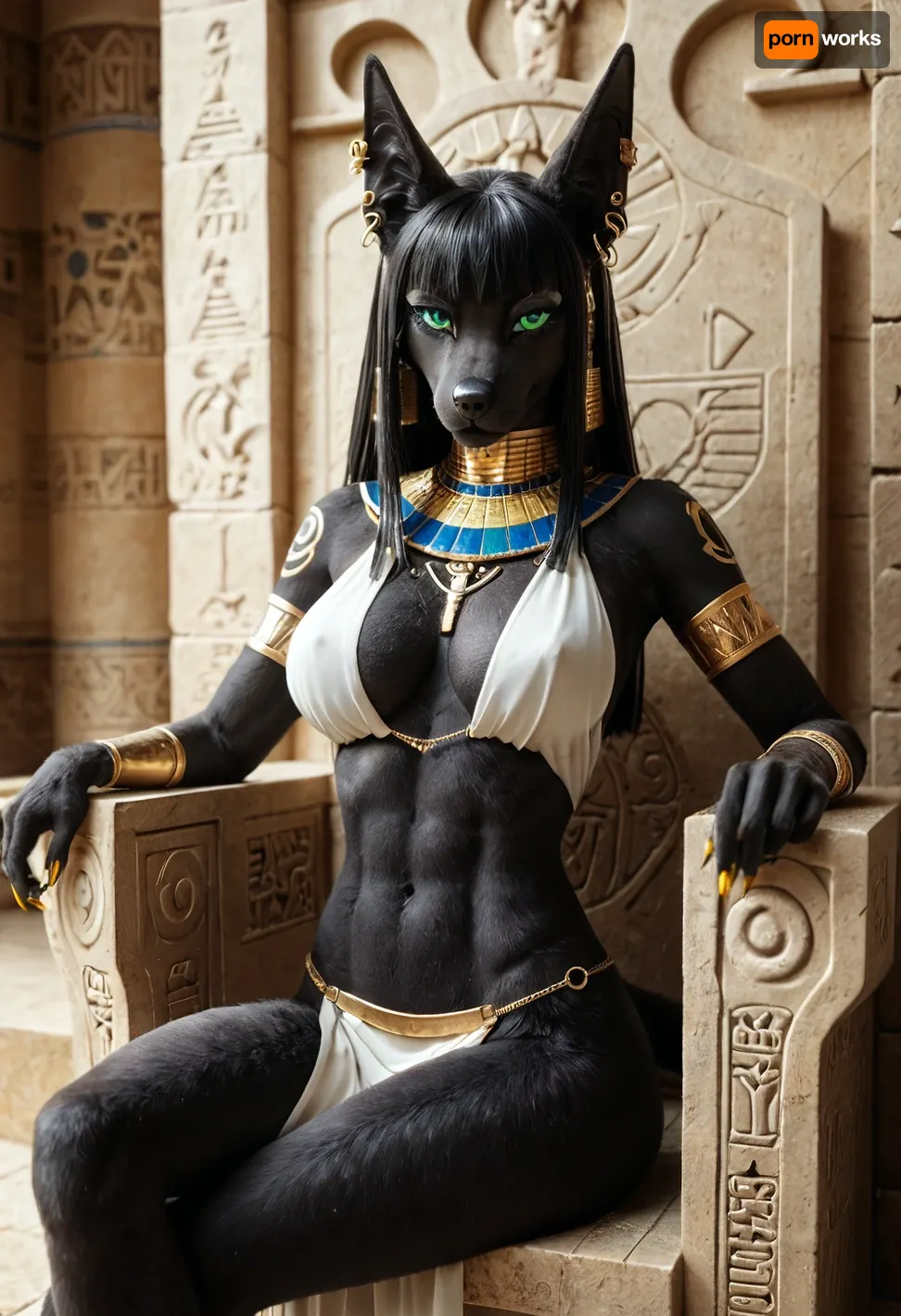 egyptian goddess, sitting relaxing on an egyptian throne, 1girl, (furry canine female), jackal anthro, (large green eyes), looking at viewer, egyptian jewelry, long black hair, hime cut, (((black furry body))), sexy loose top, loincloth, (many earrings on ears), long golden nails claws, ((slim:1.4)), toned body, curvy, (her body covered with tattoos:1.5), biceps, (large quads), (wide hips), (flat ass), (large breasts), (erect nipples:.6), <lora:FursuitXL:.6>, <lora:TLS:.8>