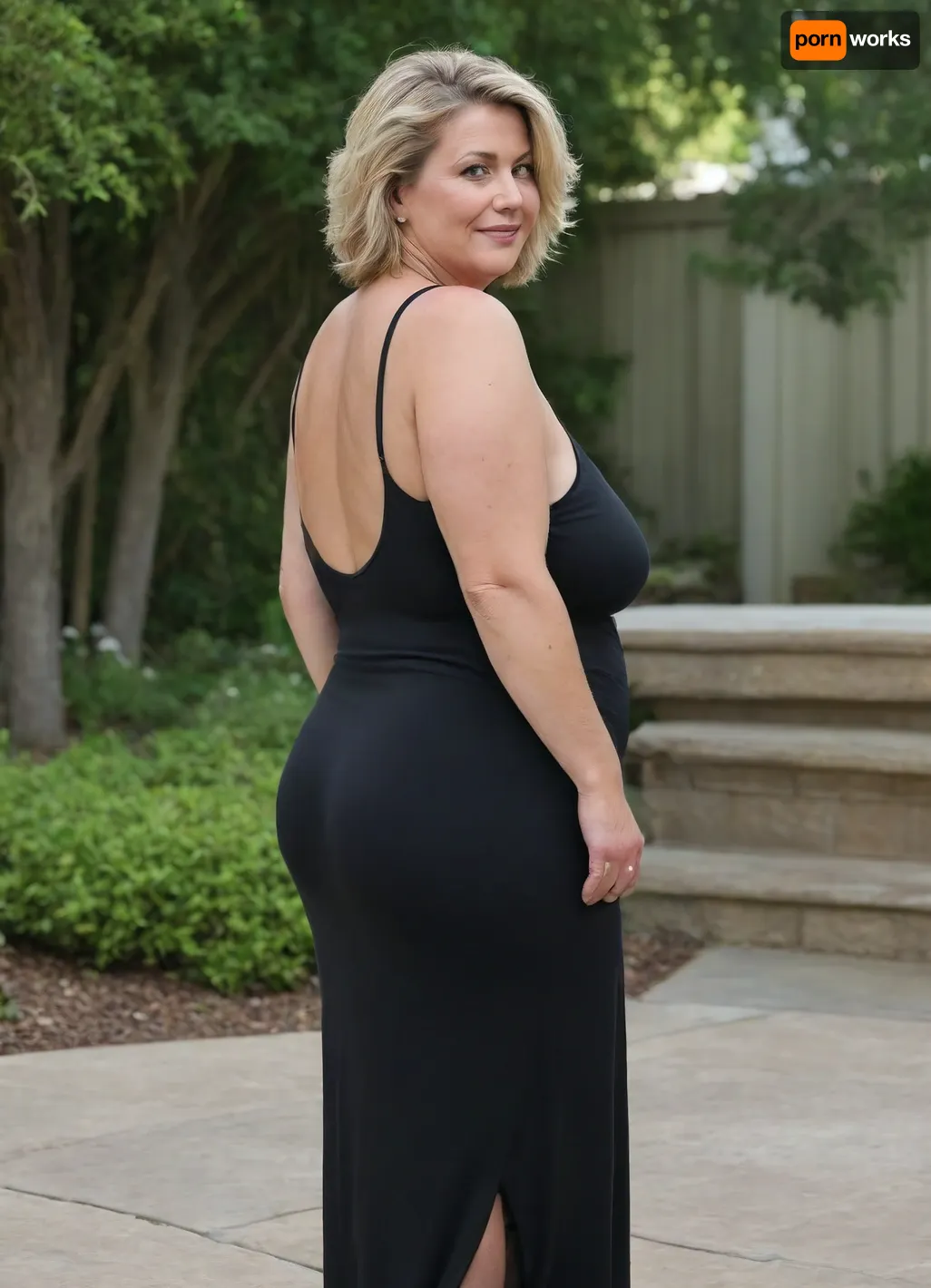Full body shot, 50 year old woman, layered haircut, green eyes, black thin maxidress, obese, chubby, wide hips, curvy, small floppy breasts, sagging breasts, deflated breasts, tan lines, light blonde hair with highlights, upturned nose, SaggySlimXL, bottomheavy, big, ass, huge, gigantic, thick, thighs, massive, <lora:updated_saggy_slim:1>, <lora:clothed_small:.5>, <lora:bottomheavy_v1_sdxl_tags:.8>