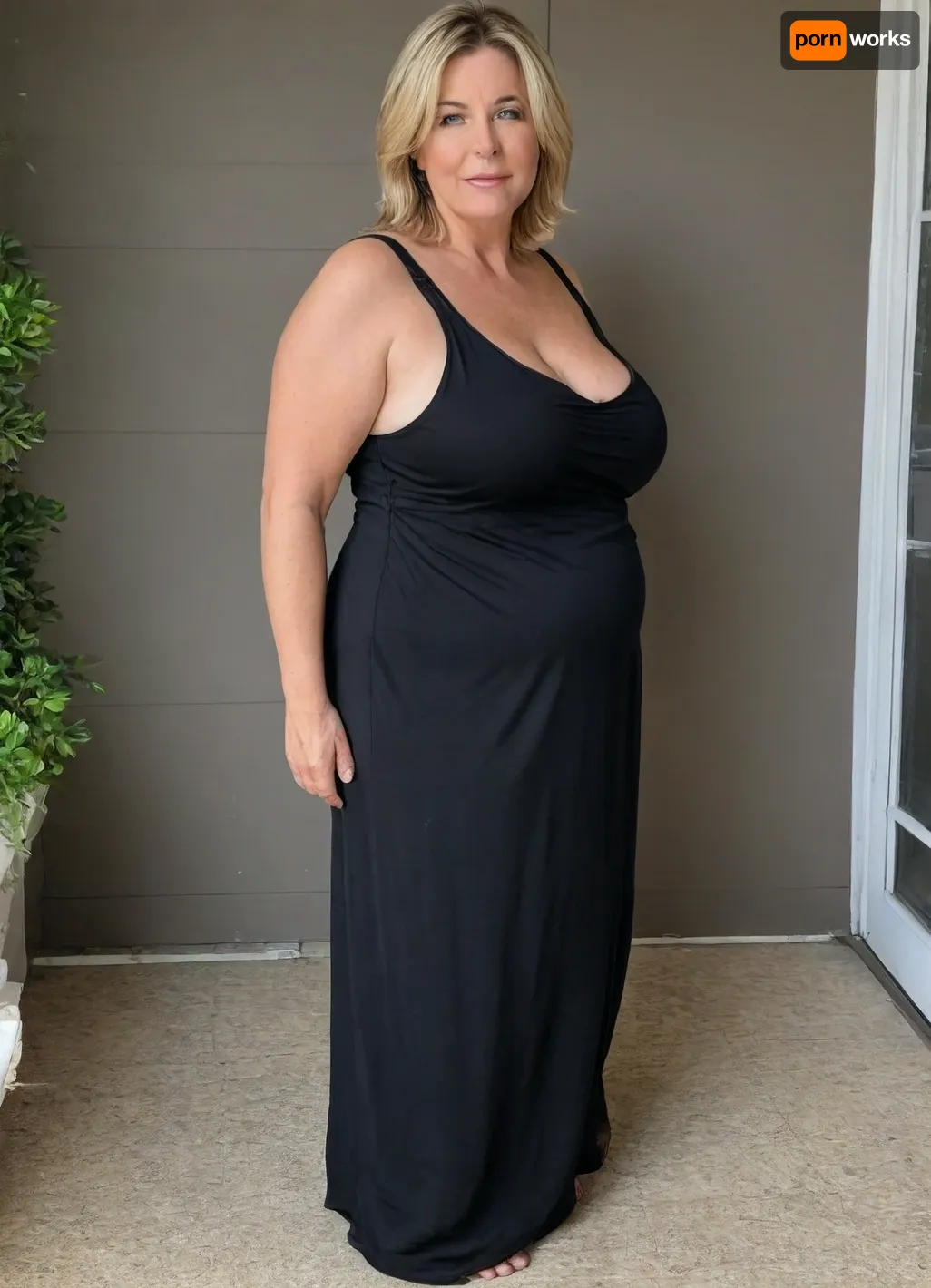 Full body shot, 50 year old woman, layered haircut, green eyes, black thin maxidress, obese, chubby, wide hips, curvy, small floppy breasts, sagging breasts, deflated breasts, tan lines, light blonde hair with highlights, upturned nose, SaggySlimXL, bottomheavy, big, ass, huge, gigantic, thick, thighs, massive, <lora:updated_saggy_slim:1>, <lora:clothed_small:.5>, <lora:bottomheavy_v1_sdxl_tags:.8>