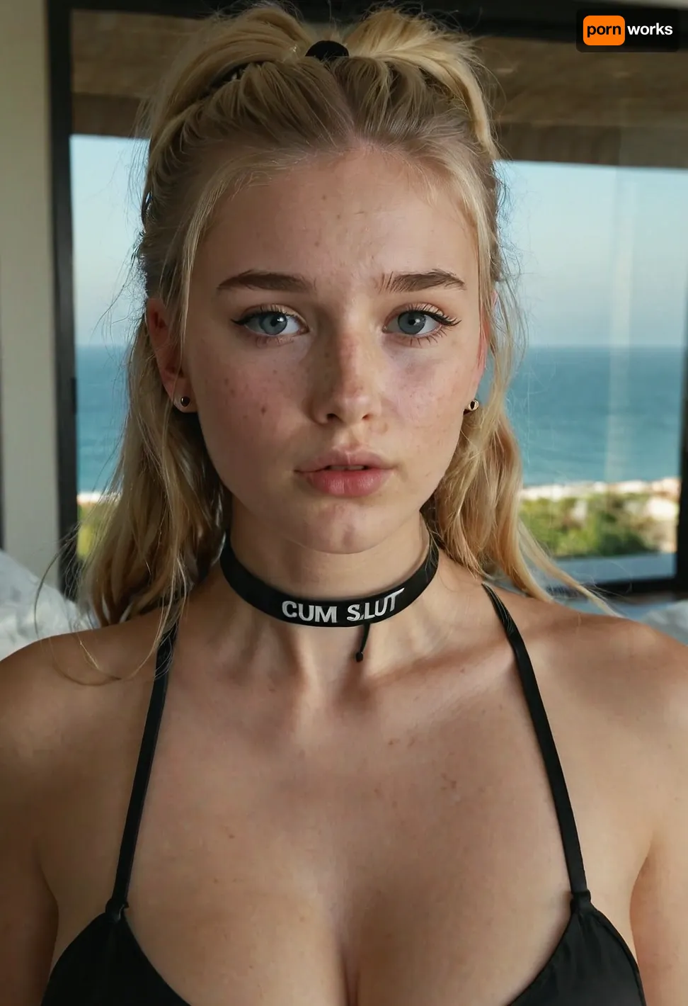 18yearold blonde cute woman, slim body, pale skin, ((black choker with the text “CUM SLUT” printed on it)), (cleavage), freckles, face expression, ashamed and shy, terrified of the viewer, eye contact, long wavy braided hair in a high ponytail with a pink black scrunchy, wide panicked eyes, blue eyes, bedroom, stud earrings, toned belly, camera focus closeup face and, location big whit chillout area in modern villa with big glass windows, background nice sunrise over calm sea, sunbeams on her body, covered, with, white liquid semen, bukkake, cumshot, <lora:HoneyCoveredXL_v1:1.9>, <lora:Olivia Casta V2_XL-000007:1.7>