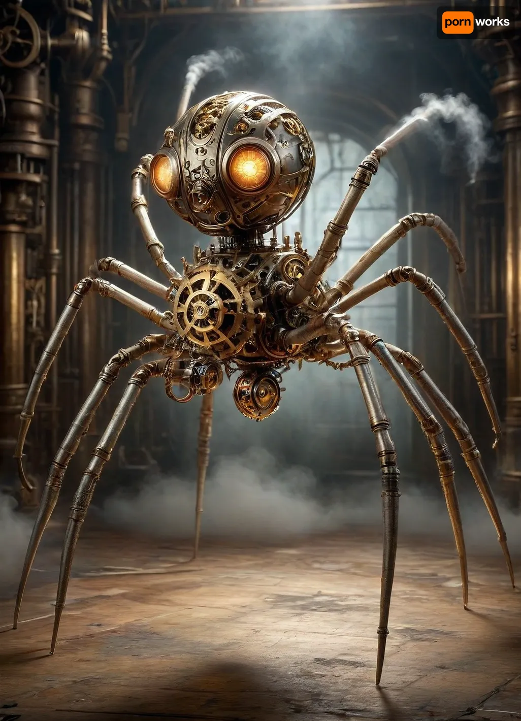 Harsh lighting. Full body rendering of an ominous looking mechanical spider adorned with a star of life. automaton charges forward, mid stride, dynamic motion effect., mcs1, DonMSt34mPXL, steampunk, gears, <lora:multicolored-colorful-smoke-000008:1.6>, colorful smoke from the body, <lora:DonMSt34mPXL-000006:1.6>, <lora:steampunkXL:1>