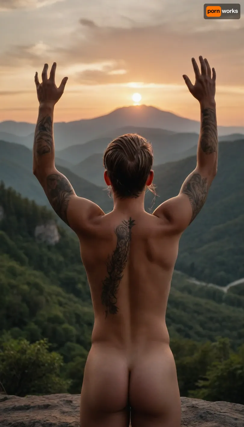 Man, braided hair, naked, seen from behind, raising his arms to the sunrise, noble face, wild tattoos, on a cliff, above a forest, a mountain in the background