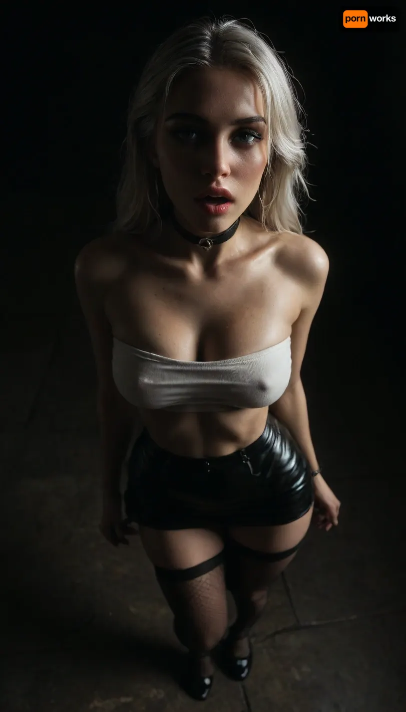 (score_7_up, score_8_up, score_9, 1girl, solo, masterpiece), (face close-up), ((standing)), deep cleavage, (overhead view, view from above:1.3), (skindentation:1.1), sultry, seductive, seducing, alluring, intimate, sexual, horny, ((long white hair)), (black leather micro skirt), 18yo girl, (athletic skin body), (narrow waist:1.4), ((hip gap)), insatiable, lustful, erotica, irresistible, ziprealism, white tube-top, erected nipples, black choker, platform high-heels, oiled skin, (black fishnet stockings with garters), (makeup), (garters), (mouth wide open), ((light_blue_eyes)), (black background, chiaroscuro lighting:1), <lora:sunnyrayyxo_v1_SDXLBase:.4>, <lora:dark:.6>
