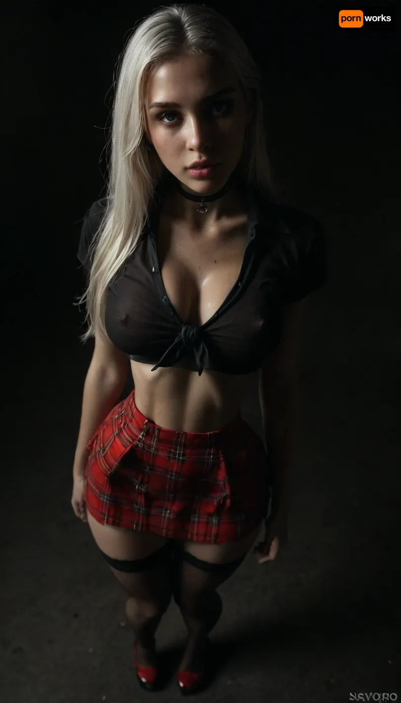 (score_7_up, score_8_up, score_9, 1girl, solo, masterpiece), cute face, (face close-up), ((standing)), (deep cleavage), (overhead view, view from above:1.3), (skindentation:1.1), sultry, seductive, seducing, alluring, intimate, sexual, horny, ((very long white hair)), (red plaid micro skirt), 18yo girl, (athletic skin body), (narrow waist:1.4), ((hip gap)), insatiable, lustful, erotica, irresistible, ziprealism, (white tied crop shirt), erected nipples, black choker, platform high-heels, oiled skin, (black fishnet stockings with garters), (garters), (mouth wide open), ((blue_eyes)), (black background, chiaroscuro lighting:1), <lora:sunnyrayyxo_v1_SDXLBase:.4>, <lora:dark:.6>