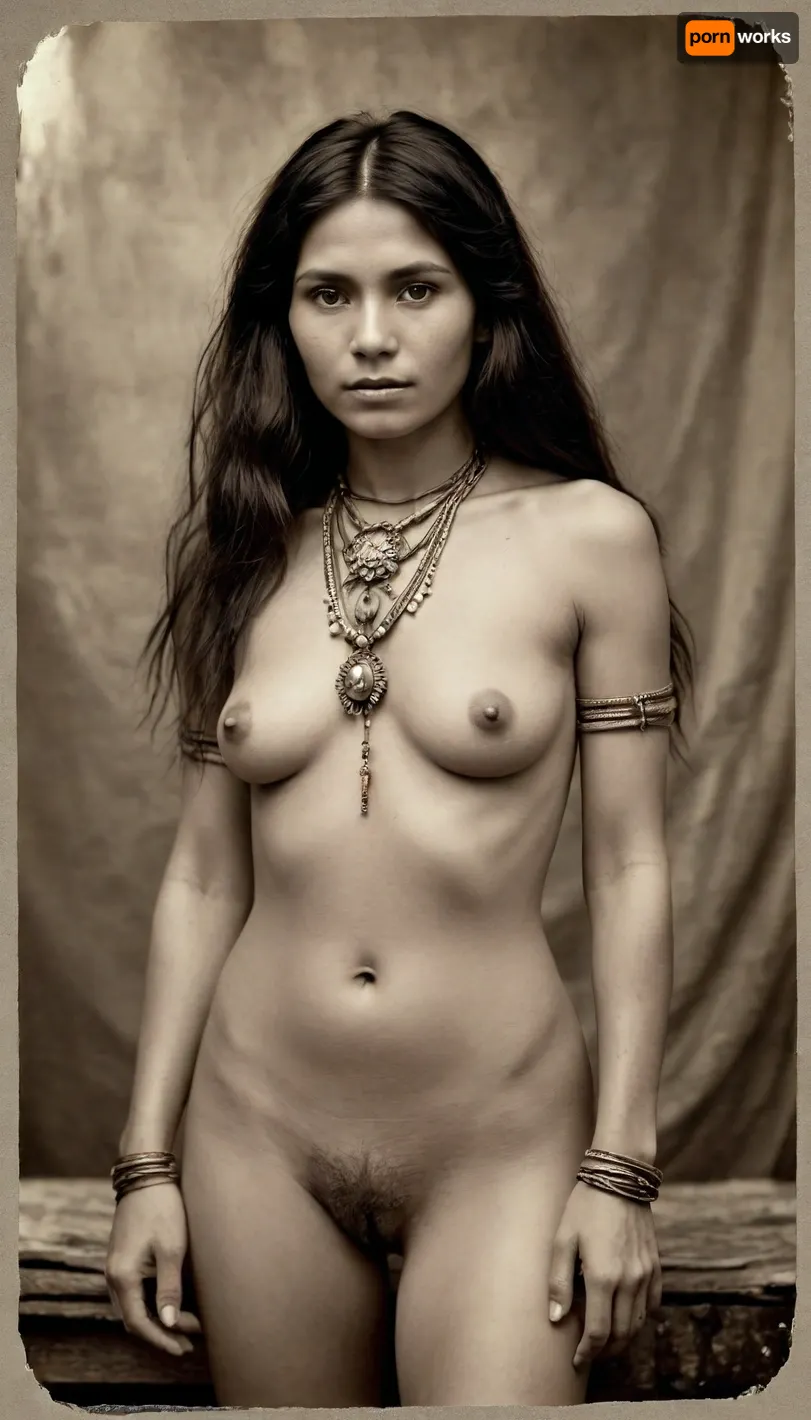 Vintage 1890s Victorian, Amazon indians tribe chief woman, skinny, wild tribe jewelry, full nude, messy black hair, pussy exposed, very hairy pussy, pubic hair, 3/4 view, old torn sepia photograph, <lora:old_world:.8>