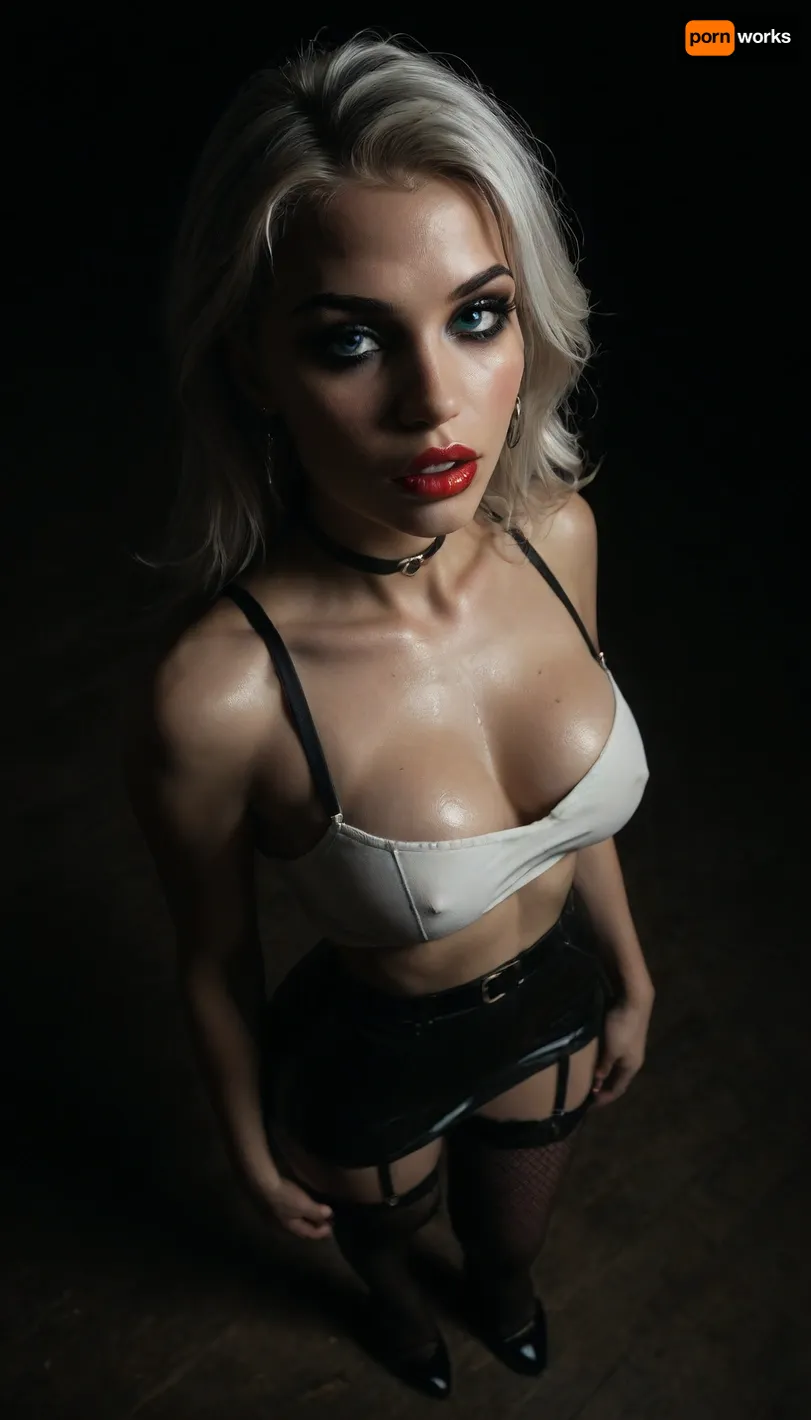 (score_7_up, score_8_up, score_9, 1girl, solo, masterpiece), ((face close-up)), ((standing)), deep cleavage, (overhead view, view from above:1.3), (skindentation:1.1), sultry, seductive, seducing, alluring, intimate, sexual, horny, ((long white hair)), (messy hair), (white hair:1.5), (black leather micro skirt), 18yo girl, (athletic skin body), (narrow waist:1.4), ((hip gap)), insatiable, lustful, erotica, irresistible, ziprealism, white tube-top, erected nipples, black choker, platform high-heels, oiled skin, (black fishnet stockings with garters), ((makeup:1.6)), (garters:1.6), dim light, (mouth wide open), ((light_blue_eyes:1.4)), (black background, chiaroscuro lighting:1), <lora:sunnyrayyxo_v1_SDXLBase:.4>, <lora:dark:.6>