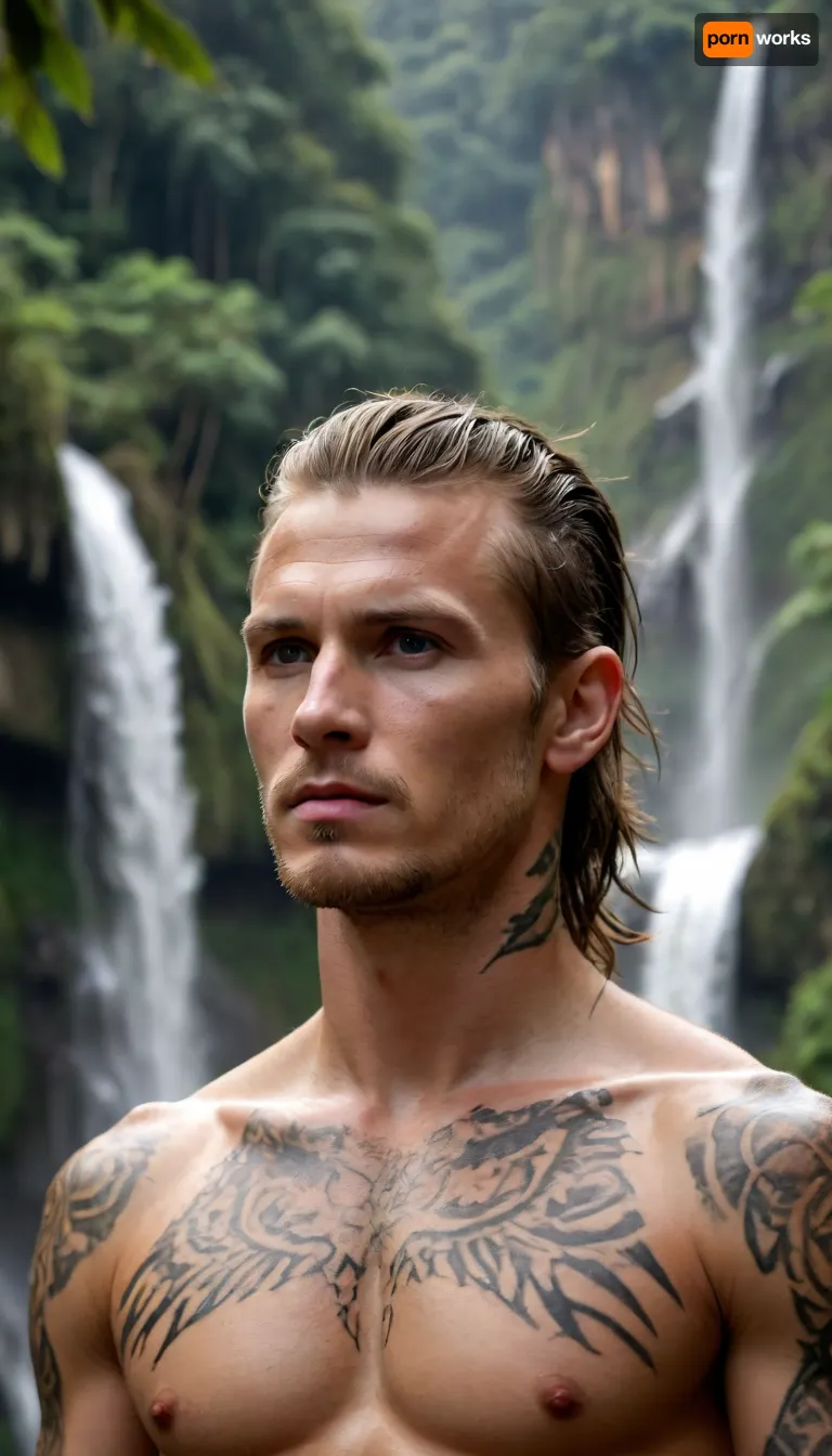 Athletic white man wearing animal skin, firm face, hunting with warrior, in jungle, mountain in background, tribal tatoo on body, waterfall