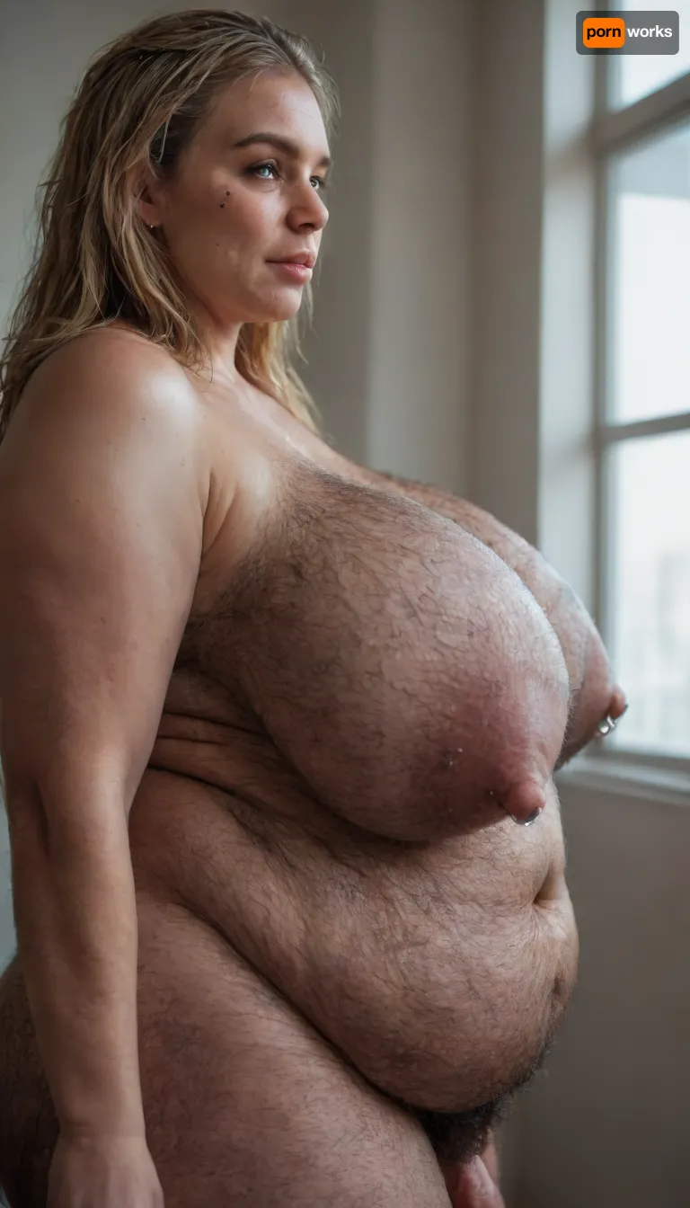 Detailed realistic high resolution Photograph of extremely hairy morbidly obese freckled futa, (side view:1.4), blonde, (beautiful young innocent face:1.2), (hairy sexy:1.2), confident, masterpiece, (extra young beautiful hairy face:1.3), focus on face, distracted candid, wet hair, (((extremely hairy body:1.6))), (huge dense high perky hairy breasts:1.4), bbw, (full body view:1.1), taller than viewer, (forced perspective:1.3), broad hairy shoulders, (gorgeous young face:2), long legs, smiling, (intimidating:1), hairy burly giantess, hair on belly, hair on chest, (thick body hair:1), (sunshine:1.3), (hairy legs:1.3), sunny window, bright cheerful modern bedroom, fat belly, (fat hairy masculine body:1.8), wide hips, ultra high detail perfect realistic beautiful symmetric face, hairy arms, 22 years beautiful fat woman, fat rolls on belly, (belly hair:1.4), (extremely thick body hair:1.6), (extremely thick pubic hair on belly:1.4), (thick hair on belly:1.4), (thick hair on legs:1.3), (thick pubic hair on chest:1.3), (mini giantess:1), large irises, (hyper realistic:1), (full body view:1.3), full body view, (futa with thick small flaccid cock:1.6), side view, Canon, dslr, perfect smile, high detail grey eyes, Amazon, torpedo tits, (pubic hair covering body:1.5), ((continuous thick pubic hair from dick to breasts:1.7)), ((extremely thick body hair covering torso:1.9)), (long thick full pierced perky nipples:2), (young:1.6), extra large nipple rings, large round testicles, small dick, piercing, ring, <lora:Bright_room:1.3>, <lora:nippleRing:2>