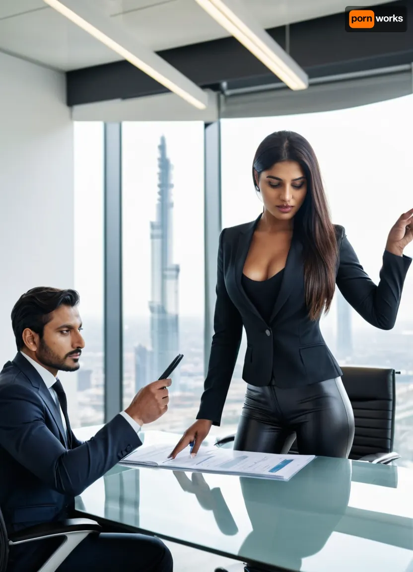 Close-up. Modern office scene, A professional female office manager, (dark-skinned pakistani woman, 20s), wearing skintight black latex leggings, reviews documents with her male businessman supervisor, (50s), male wears dark business suit, . They stand near a glass conference table, pointing at a project timeline displayed on a monitor. Natural light from floor-to-ceiling windows, city skyline view. Details, laptops, ergonomic chairs, potted plants, organized shelves. Style, corporate photography, clean composition, collaborative atmosphere, looking, at, viewer, <lora:looking_at_viewer:.8>, <lora:FF-Latex.ID-XL-011.bf16:.8>, latex, matte, shiny, inflatable, <lora:shinylatex-merged:.8>