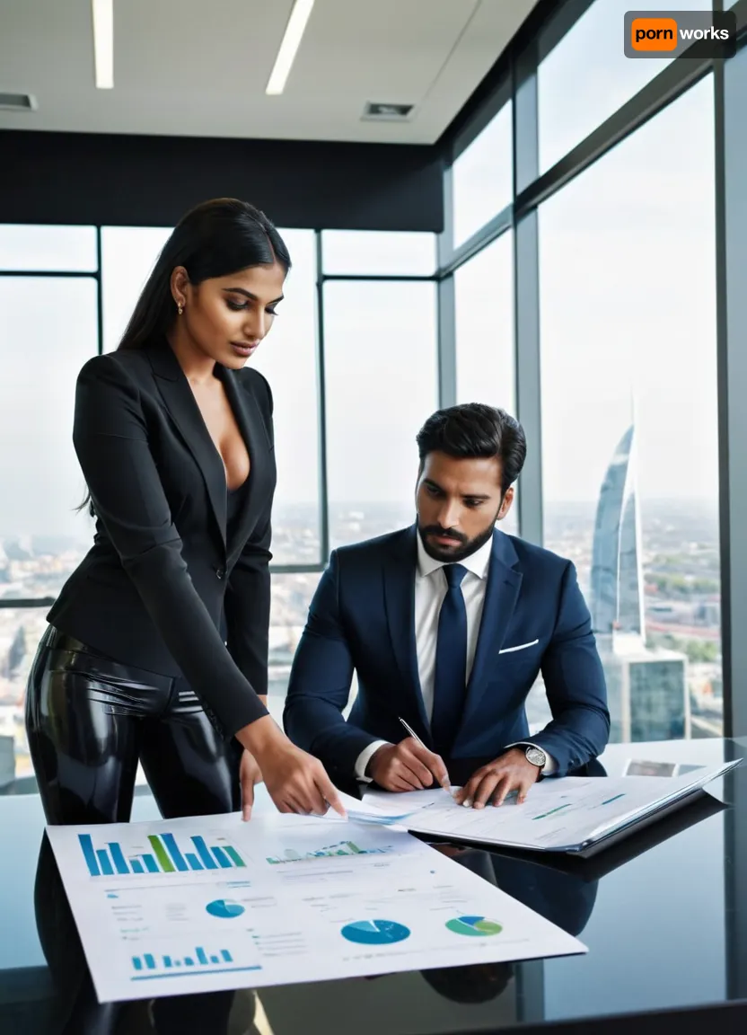 Close-up. Modern office scene, A professional female office manager, (dark-skinned pakistani woman, 20s), wearing skintight black latex leggings, reviews documents with her male businessman supervisor, (50s), male wears dark business suit, . They stand near a glass conference table, pointing at a project timeline displayed on a monitor. Natural light from floor-to-ceiling windows, city skyline view. Details, laptops, ergonomic chairs, potted plants, organized shelves. Style, corporate photography, clean composition, collaborative atmosphere, looking, at, viewer, <lora:looking_at_viewer:.8>, <lora:FF-Latex.ID-XL-011.bf16:.8>, latex, matte, shiny, inflatable, <lora:shinylatex-merged:.8>