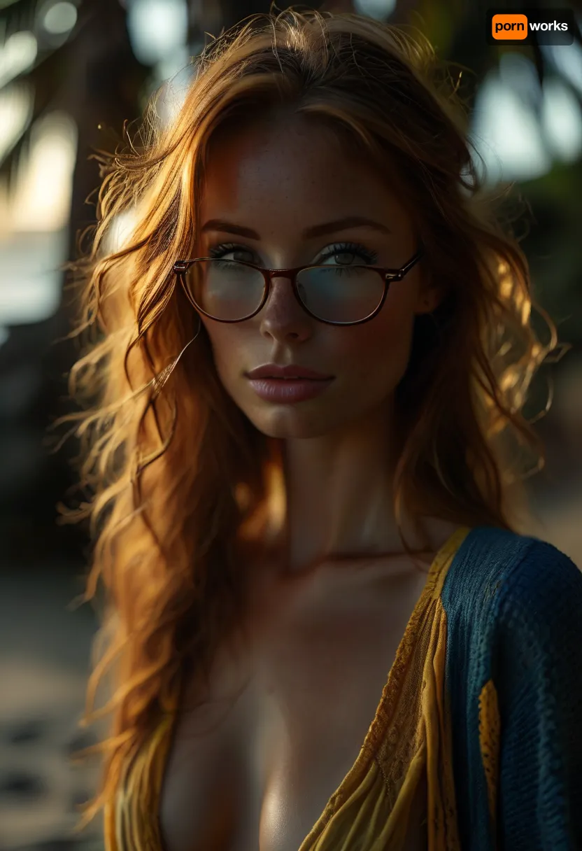 candid photo of a beautiful sexy very petite 33 year old redhead woman, long braided ginger hair, no makeup, freckles, skinny, small breasts, glasses, dressed in blue and yellow bikini, wearing an opened blouse and a cardigan, setting is a Caribbean beach at sunset, standing at a palm beach at great ocean, silent smile, does her hair after swimming, view from side and above, photorealistic, highly detailed, <lora:MJ52:2>, <lora:BUT_SDXL_SHS:2>, <lora:style_lora_realis:2>, <lora:attractive_notrigger:2>, <lora:dark:.1>