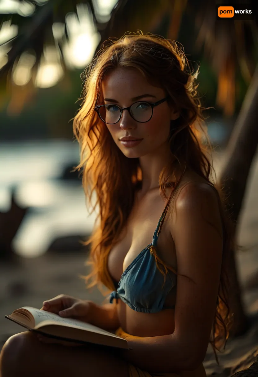 candid photo of a beautiful sexy very petite 33 year old redhead woman, long braided ginger hair, no makeup, freckles, skinny, small breasts, glasses, dressed in blue and yellow bikini, wearing an opened blouse, setting is a Caribbean beach at sunset, sitting in perfect sand, leans against a palm tree, reads a thick book, a thick novel as holiday reading, silent smile, view from side and above, photorealistic, highly detailed, <lora:MJ52:2>, <lora:BUT_SDXL_SHS:2>, <lora:style_lora_realis:2>, <lora:attractive_notrigger:2>, <lora:dark:.1>