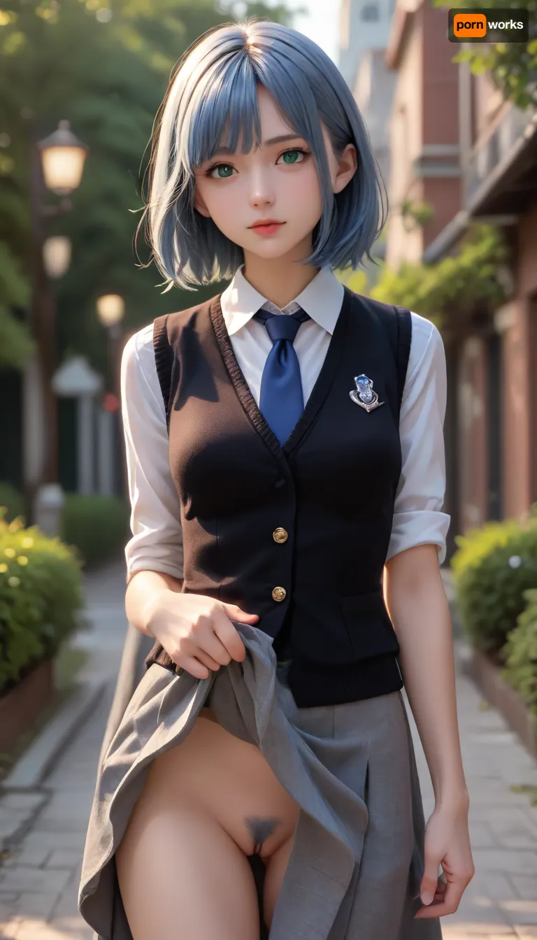 masterpiece, high quality, 8k, 2D, lineart, line drawing, sketch, manga drawing, anime drawing, anime coloring, beautiful lighting, 1girl, solo, green eyes, medium_hair, white shirt, sweater vest, black vest, blue necktie, grey skirt, outdoors, cowboy shot, looking at viewer, anime, blue hair, blue pubic hair, pussy flash, skirtlift, <lora:skirtlift_xl:.1>