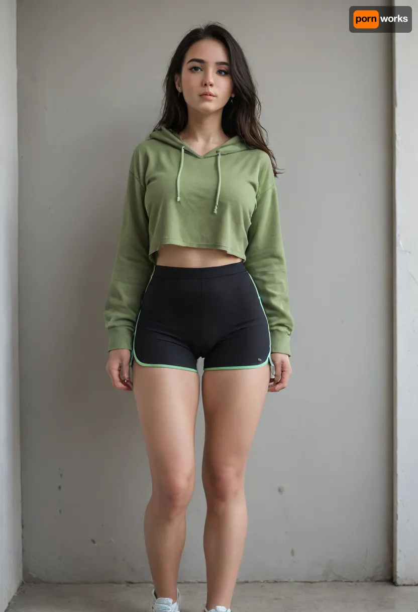 Black hair, front view, standing, long hair, green crop top hoodie, compression shorts, camel toe, horny, white sneakers, pussy juice leaking through compression shorts