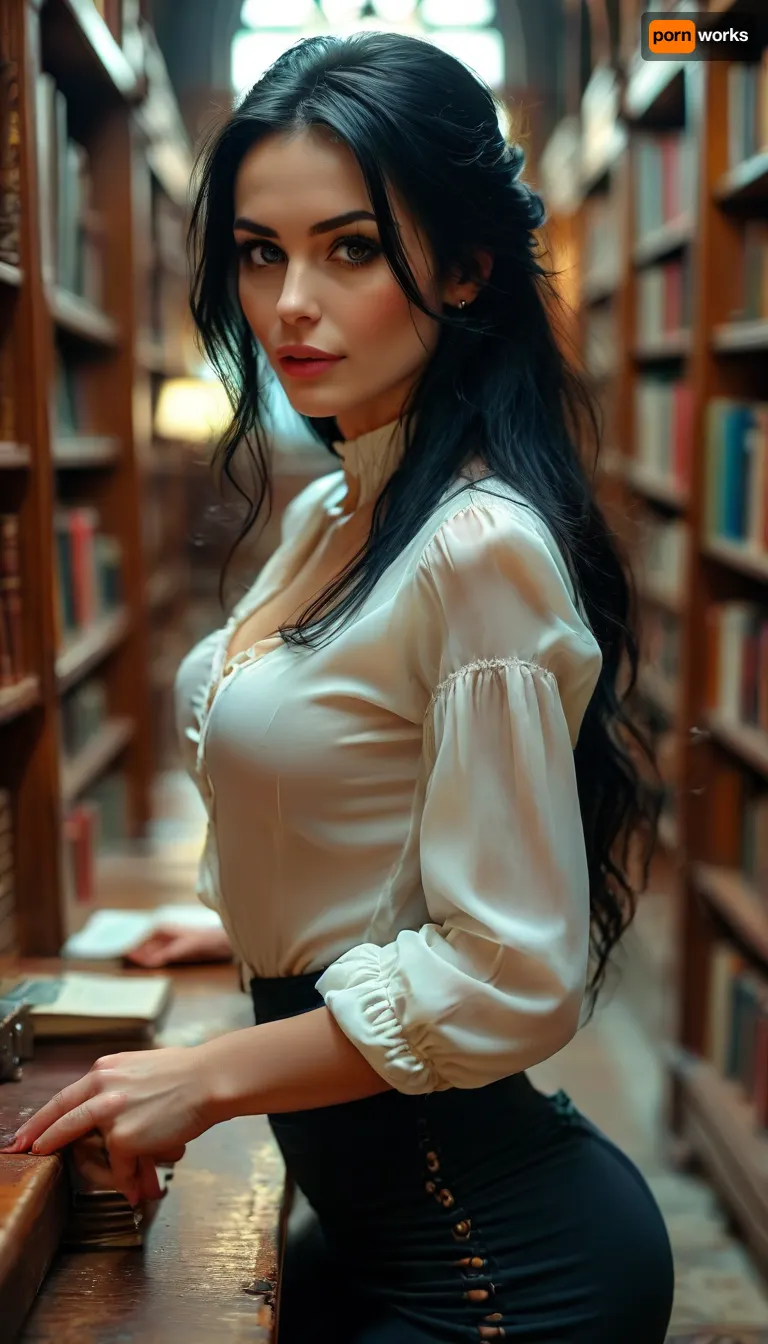 beautiful sexy mature 30 year old Russian woman, very long black hair, hair half up half down, sexy eyes, 35c tits, in a library, good hands, perfect fingers, blowjob, blouse and skirt, she is opening tight buttoned blouse to seduce you, <lora:BUT_SDXL_SHS:1.3>, <lora:MJ52:.1>, <lora:Vivid Midjourney mimic - XL SDXL v2.0:1.1>