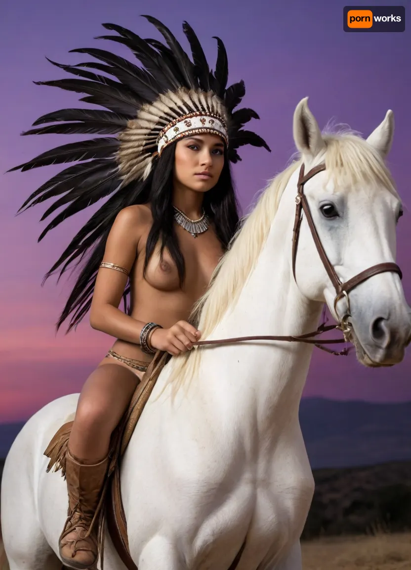 8k, professional photo, high quality, HDR, RAW color, HDR photo, best quality, ultra-detailed, panorama, masterpiece, finest details, high resolution, 8k wallpaper, photorealistic, (perfect artificial twilight lighting:1.5), (best shadows), (((20-year-old slim Native American girl with feather headdress:1.4))), (((shiny black straight very long hair:1.4))), (((naked aesthetically pleasing dark-skinned upper body:1.4))), (((sitting astride a white horse))), (((bow in hand, tomahawk attached to pants))), panoramic view, wide-angle view, camera looking up from below and from the side