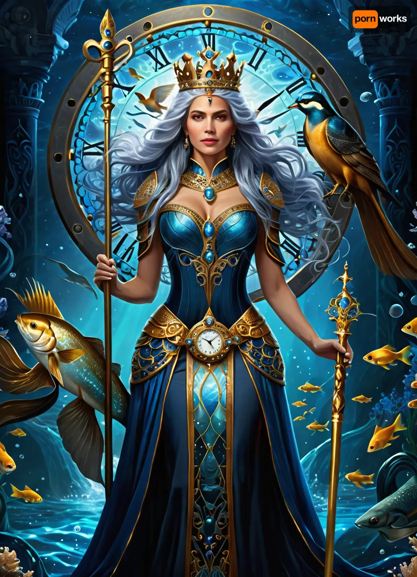 (masterpiece, best quality, ultra-detailed), (photorealistic:1.2), ornate, complex, intricate, highly detailed, symmetrical, (fantasy art:1.1), art nouveau, neo-traditional, digital painting, full shot, portrait, (beautiful mystical queen:1.3), with long flowing, (((blue-grey hair))), (ornate golden crown:1.1), elegant armor, holding a staff, surrounded by mystical creatures, (fish, bird, eel, serpent), water elements, flowing energy, (cosmic clock background:1.2), (golden runes:1.1), glowing eyes, looking at viewer., (deep oceanic blues:1.3), (rich dark golds:1.2), hints of teal and bronze, luminous highlights, volumetric lighting, rim lighting, soft glow, mysterious atmosphere, magical, ethereal, dark background.