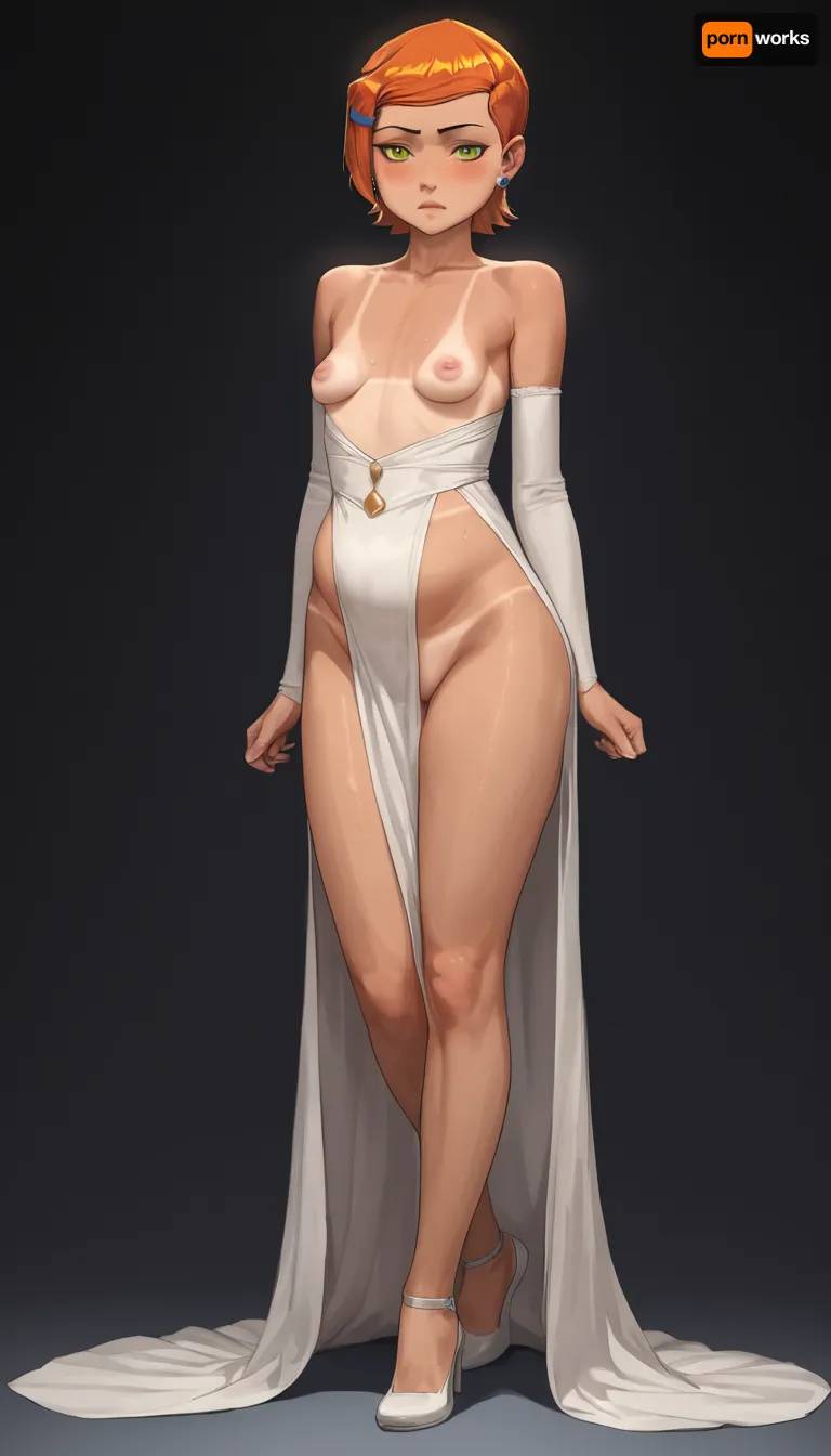 Full body shot, 50 year old woman, thin dress, chubby, wide hips, curvy, small floppy breasts, sagging breasts, deflated breasts, tan lines, brown hair, upturned nose, one leg raised, SaggySlimXL, uhang, yhang, gwen, tennyson, (/Ben10), /, (ultra, HD, quality, details), bright, orange, hair, short, (green, eyes), <lora:updated_saggy_slim:1>, <lora:clothed_small:.5>, <lora:Gwen Tennyson (Ben10) - XL SCXL V1.0:.8>