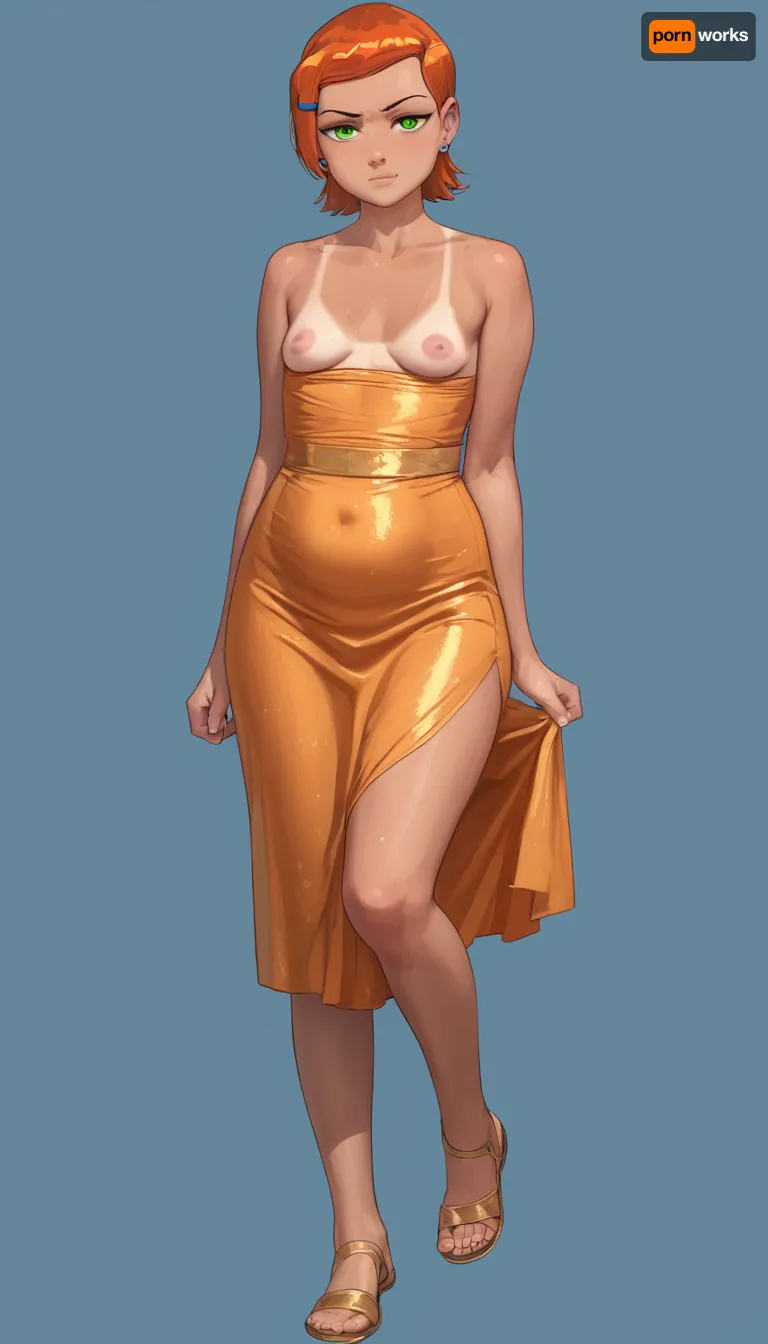 Full body shot, 50 year old woman, thin dress, chubby, wide hips, curvy, small floppy breasts, sagging breasts, deflated breasts, tan lines, brown hair, upturned nose, one leg raised, SaggySlimXL, uhang, yhang, gwen, tennyson, (/Ben10), /, (ultra, HD, quality, details), bright, orange, hair, short, (green, eyes), <lora:updated_saggy_slim:1>, <lora:clothed_small:.5>, <lora:Gwen Tennyson (Ben10) - XL SCXL V1.0:.8>