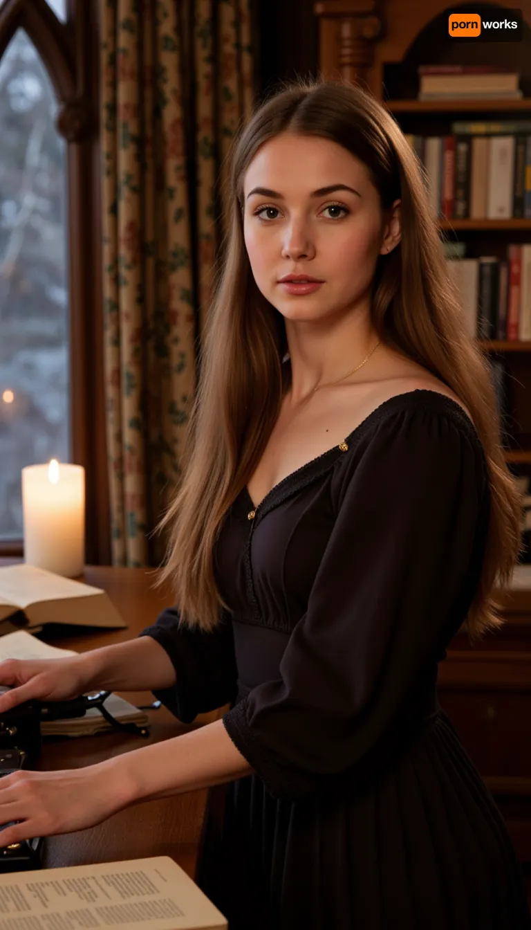 Subject, Adeline Seraphina Reilly — 23 years old, author, graceful, naturally beautiful woman with refined, symmetrical features. Facial details, almond-shaped light brown eyes with long lashes, delicate arched eyebrows, straight refined nose, soft full lips with a natural rose tint, faint freckles across the bridge of her nose and upper cheeks, smooth fair skin with a gentle warm undertone, calm, intelligent, slightly wistful expression. Original, non-celebrity face.

Hair, long light brown hair reaching her waist, slightly wavy with natural highlights, loose strands softly framing her face, light sheen in candlelight.

Format & Look, single still photo, ultra-realistic cinematic portrait, 85 mm lens, shallow depth of field, natural skin microtexture, filmic color toning, (warm candlelight and moonlight mix), no flicker.

Setting, Parsons Manor study at night — antique wooden desk with a vintage black typewriter, scattered pages, and an open book, dim moonlight through a tall Gothic window, candlelight flickering softly around her.

Wardrobe & Styling, elegant dark vintage dress with fitted waist and soft fabric folds, subtle golden jewelry, natural warm makeup emphasizing her eyes and lips, poised posture, one hand resting on the typewriter keys.

Lighting, cinematic mix of cool moonlight, (camera-left), and warm candle glow, (camera-right), gentle back rim highlighting her hair, balanced contrast with smooth shadow roll-off, realistic reflections on typewriter metal.

Camera & Composition, medium portrait from waist up, shallow focus on her face and typewriter, soft background blur of bookshelves, introspective atmosphere.

Color Palette, muted gold, deep brown, ivory, candle amber, warm highlights and cool midtones, subdued gothic elegance.

Continuity & Safety, faithful to the book aesthetic, original likeness only, consistent eye and hair color, no visible text, logos, or brands.