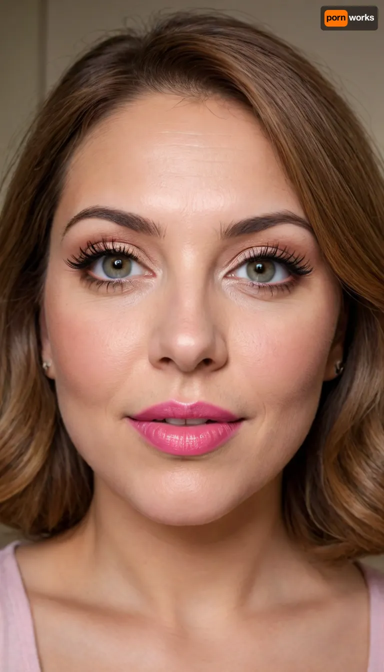 (masterpiece, best quality, photorealistic, ultra-detailed, highres, soft lighting), 1girl, (milf), (mature:1.3), 65 y.o., Macedonian, chubby heart-shaped face with refined features, thick arched eyebrows, large light hazel-blue eyes with long thick eyelashes, straight nose with delicate tip, very plump glossy lips with bright pink hue, high cheekbones, soft chin, wrinkles on face, olive skin with warm undertone, few faint freckles on nose, lips parted, open mouth, voluptuous lips, smiling, straight white teeth, bold makeup with winged eyeliner and bright lipstick, centered face, symmetrical, plump lips, sultry parted lips, shoulder-length wavy auburn hair framing face, in a softly blurred gradient background, <lora:add-detail-xl:2>, downblouse, nipslip, <lora:RealDownblouseXL2:.8>