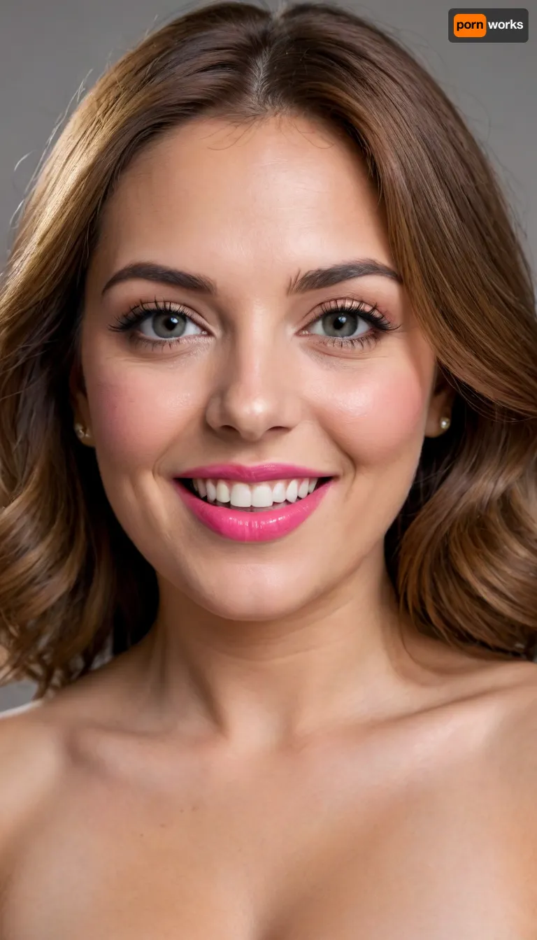 (masterpiece, best quality, photorealistic, ultra-detailed, highres, soft lighting), 1girl, (milf), (mature:1.3), 65 y.o., Macedonian, chubby heart-shaped face with refined features, thick arched eyebrows, large light hazel-blue eyes with long thick eyelashes, straight nose with delicate tip, very plump glossy lips with bright pink hue, high cheekbones, soft chin, wrinkles on face, olive skin with warm undertone, few faint freckles on nose, lips parted, open mouth, voluptuous lips, smiling, big smile, straight white teeth, bold makeup with winged eyeliner and bright lipstick, centered face, symmetrical, plump lips, sultry parted lips, shoulder-length wavy auburn hair framing face, in a softly blurred gradient background, <lora:add-detail-xl:2>, downblouse, nipslip, <lora:RealDownblouseXL2:.8>