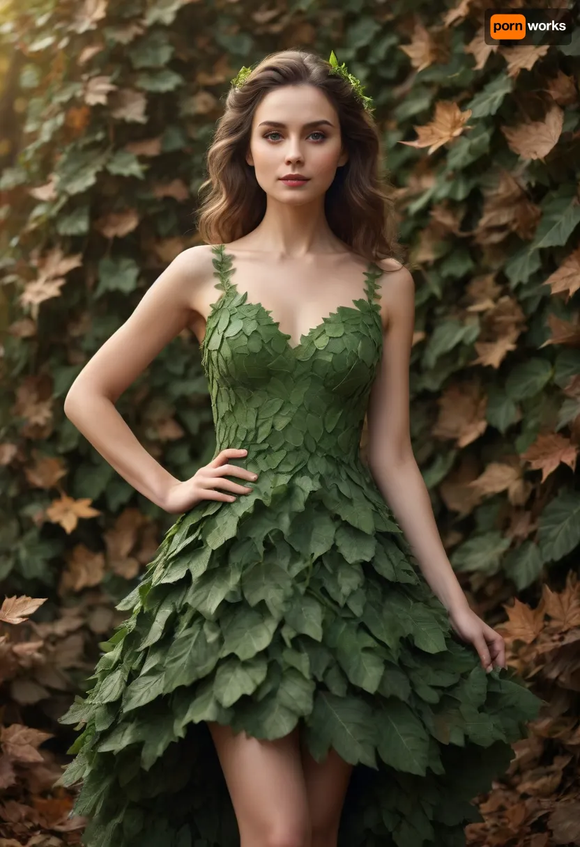 A woman, she is wearing a dress made of leaves, /©KlTTY-ART/