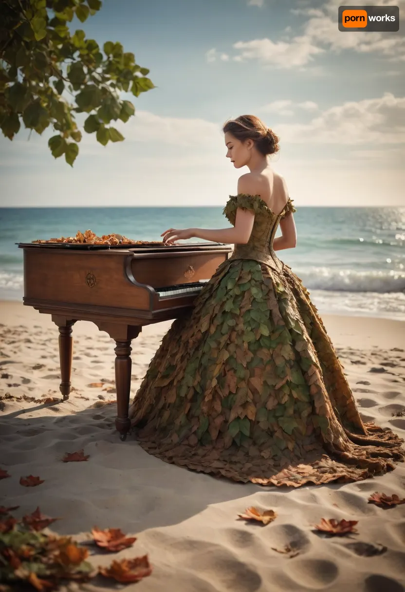 On the beach, a woman, she wears a dress made of leaves and plays the harpsichord, /©KlTTY-ART/