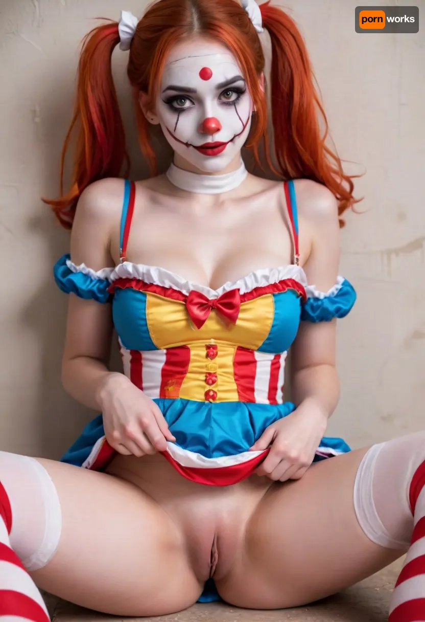 young beautiful girl 18 years old clown girl with big breasts, wearing a pulled-up dress without any underwear, laying on her back with spread legs, no panties, long striped socks, clown makeup, skinny, white face paint, detailed vagina, looking at the viewer, back long high twin multi-colored ponytails, excited, aroused, tack sharp, 4k, dslr