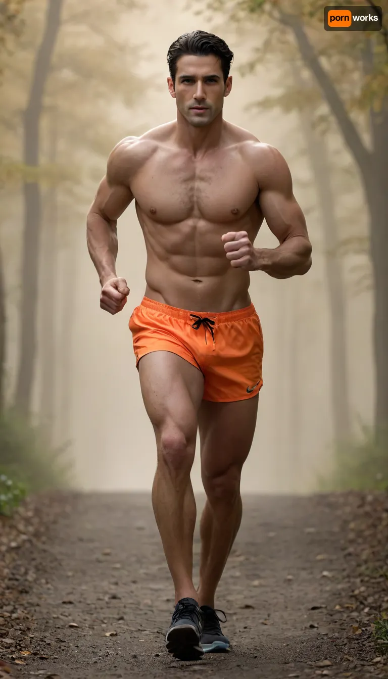 ((Masterpiece:1.8), (Ultra-realistic:1.5), (Maximum quality:1.9), (Ultra-high resolution 8K), (UHD), (Luxury detail:1.3)), (A 35-year-old elite runner prepares for a run at dawn on a flat hillside 1.2), . Full-length portrait, athletic build with well-defined muscles, prominent and toned calves and quads that stand out dynamically, toned arms, tanned skin, moist and glistening with subtle reflections of sweat and dew, combed black hair, shirtless, neon orange athletic shorts that contrast with the earthy tones of the gravel hillside, determined expression with a strong jaw and a gaze fixed straight ahead., (The soft golden light of dawn pierces through the dense mist, casting an ethereal glow and contour lighting on the muscles:1.2), . A misty morning atmosphere with fog, a softly blurred background with distant trees for added depth and immersion. Perfect anatomy without distortion or artifacts, crisp and intricate details in the texture. The skin, the veins, the faces, the muscle fibers, the folds of the fabric, and the wisps of fog, a cinematic composition, a dynamic tension, a professional and motivating atmosphere that evokes the disciplined style of elite training—raw, textured, real, sharp, noise-free, flawless.