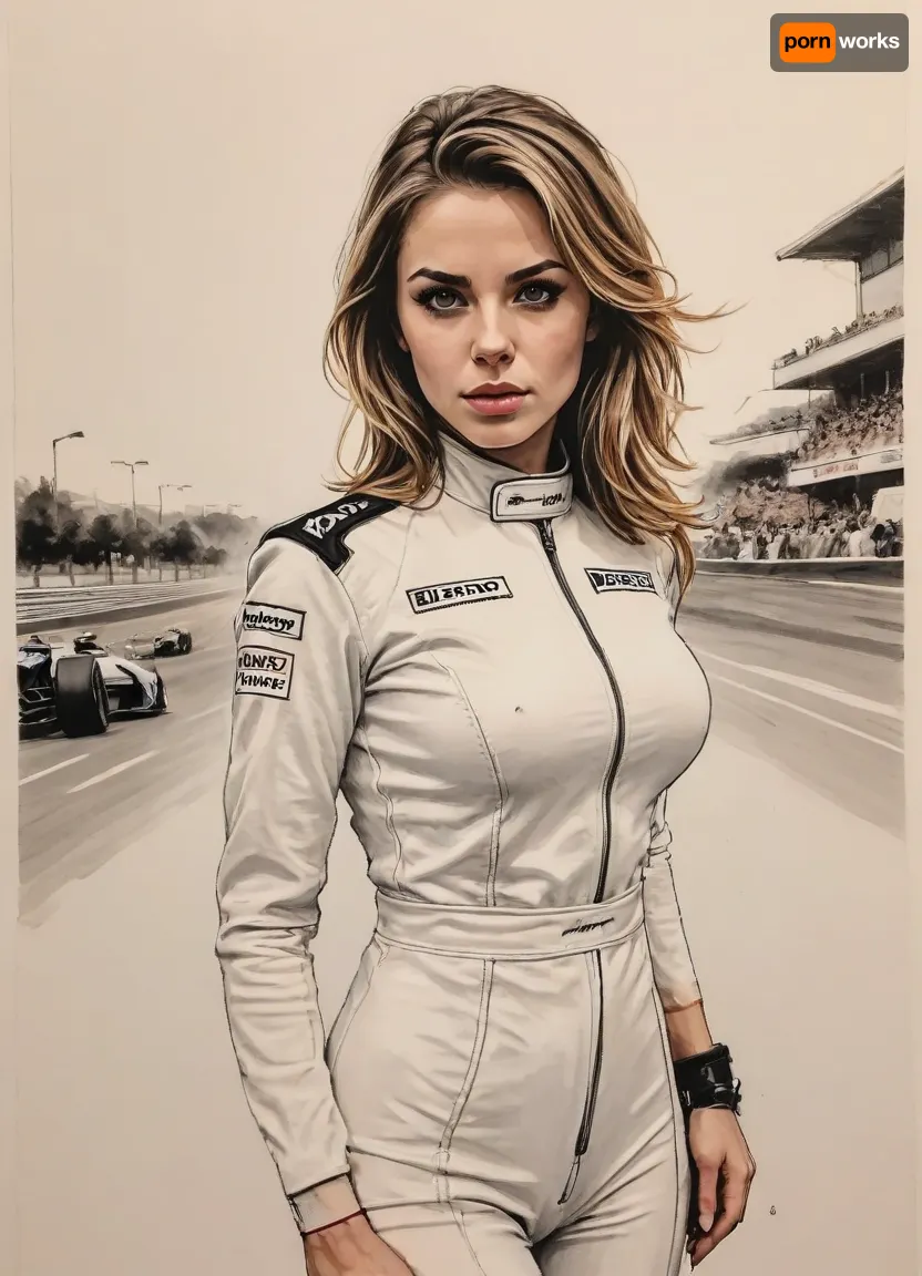 detailed pencil drawing with clean lines and meticulous shading, female racing driver, sidelight, fetish costume, cross eyes, formula 1 background, erotic, hot, sexy, dynamic sexy pornstar pose, blurry background, 1girl, after sex pussy, front view, тlineart, blurry white background, drawing, by, NTY, jsbw, style, v0ng44g, sk3tch, .8>, <lora:JasmineBWXLDoguMini:.7>, <lora:sketch_it:1.4>, <lora:195794_training_data:.9>