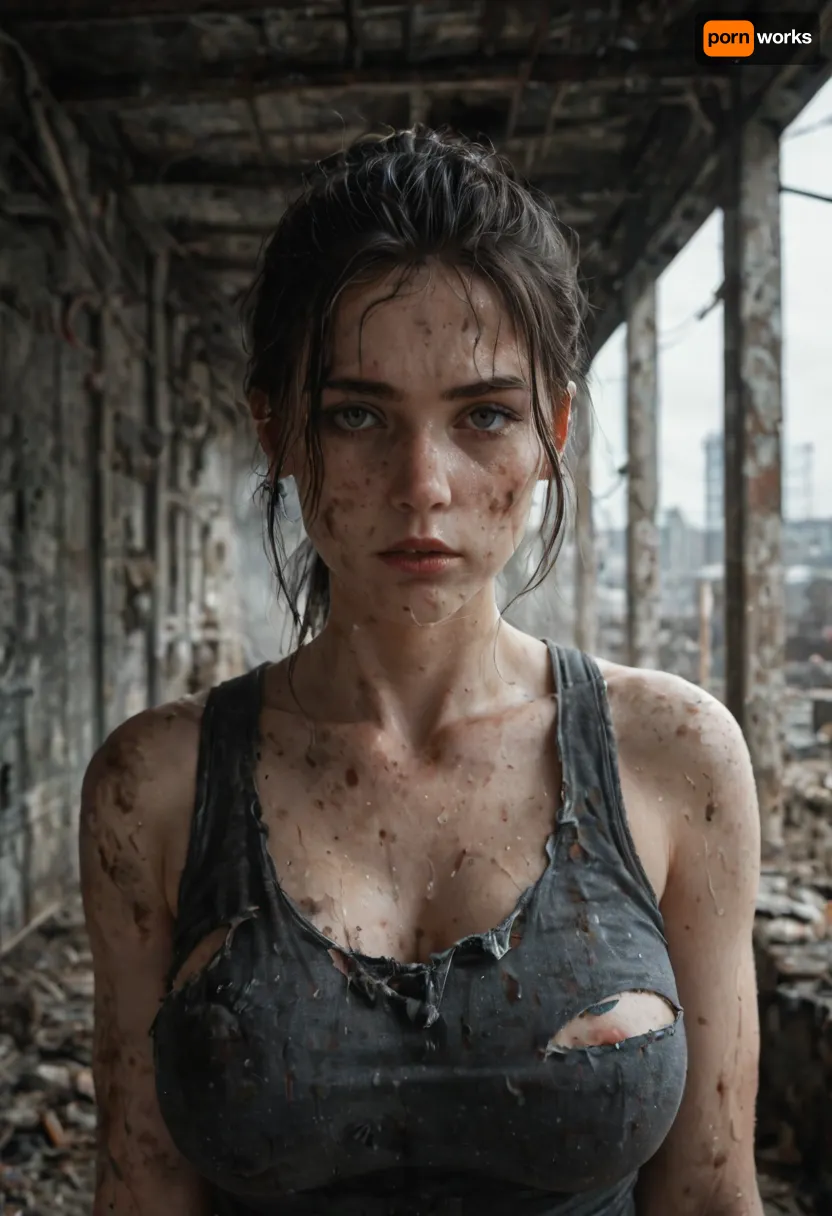 female german zombie apocalypse survivor, mid 20s, solo portrait, dirty torn tactical 2025 street clothing, european facial structure, fingerless gloves, bruised and scratched skin, messy ponytail, large breasts, sweat, dust, exhausted intense stare into camera, abandoned ruined european city background, broken concrete buildings, smoke hanging in air, cinematic moody post processing, volumetric light, dramatic shadows, ultra realistic photography, ultra detailed skin pores, gritty RAW photo, depth of field, sharp focus, survivor realism documentary war photography style, cold desaturated overcast winter daylight, grey skies, european winter light, subtle blue tone, harsh realism