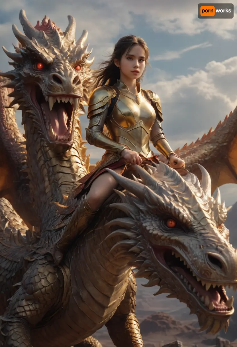 ultrarealistic girl with a gold armor, fantasy backgroud, is riding a gold huge dragon, arien_dragon, <lora:ArienDragonGirlV1-SDXL:.8>