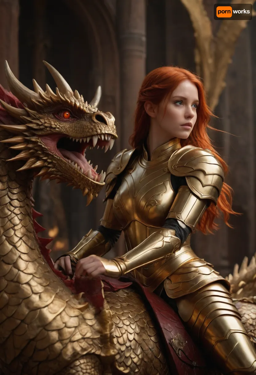 ultrarealistic girl with a gold armor, red hair, fantasy backgroud, is riding a huge gold dragon