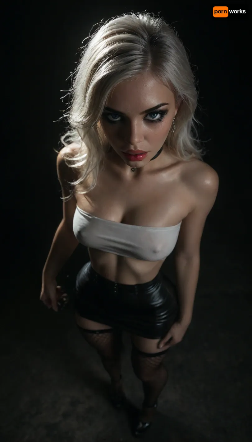 (score_7_up, score_8_up, score_9, 1girl, solo, masterpiece), ((face close-up)), ((standing)), deep cleavage, (overhead view, view from above:1.3), (skindentation:1.1), sultry, seductive, seducing, alluring, intimate, sexual, horny, ((long white hair)), (messy long hair), (white hair:1.5), (black leather micro skirt), 18yo girl, (athletic skin body), (narrow waist:1.4), ((hip gap)), insatiable, lustful, erotica, irresistible, ziprealism, white tube-top, erected nipples, black choker, platform high-heels, oiled skin, (black fishnet stockings with garters), ((makeup:1.6)), (garters:1), dim light, (mouth wide open), ((light_blue_eyes:1.4)), (black background, chiaroscuro lighting:1), <lora:sunnyrayyxo_v1_SDXLBase:.4>, <lora:dark:.6>