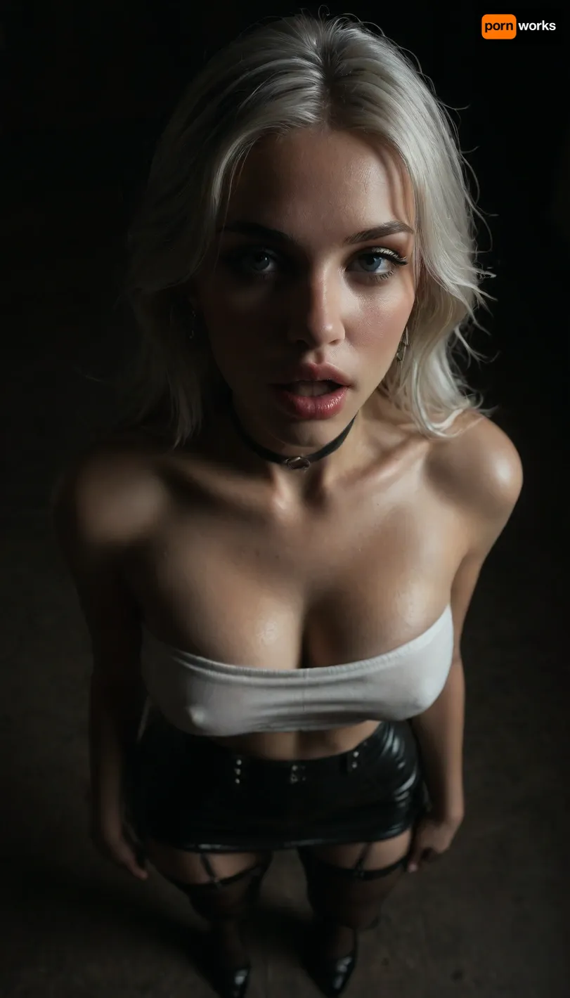 (score_7_up, score_8_up, score_9, 1girl, solo, masterpiece), (face close-up), ((standing)), deep cleavage, (overhead view, view from above:1.3), (skindentation:1.1), sultry, seductive, seducing, alluring, intimate, sexual, horny, ((long white hair)), (black leather micro skirt), 18yo girl, (athletic skin body), (narrow waist:1.4), ((hip gap)), insatiable, lustful, erotica, irresistible, ziprealism, white tube-top, erected nipples, black choker, platform high-heels, oiled skin, (black fishnet stockings with garters), (makeup), (garters), (mouth wide open), blue eyes, (black background, chiaroscuro lighting:1), <lora:sunnyrayyxo_v1_SDXLBase:.4>, <lora:dark:.6>