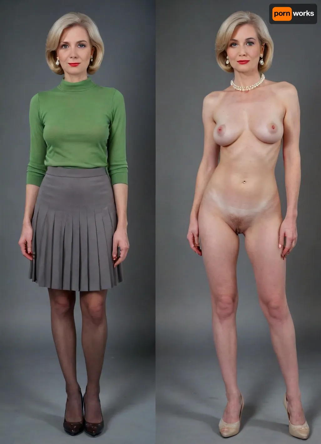 ((Classic Mature Woman 65 years old)), tall and skinny body, very pale skin, hairy genitals, blonde bob hair, 65 years old mature woman, slim body, (full body in view full nude with hairy pussy), skin with stretch marks, (same person, same pose, same angle), (2Split screens, 2split views, onoff:1.2), (wearing a long and dark pleated skirt and tights and a blouse and heels and pearl earrings), BREAK, (gray background), serious expression, green, eyes, blue, brown, perfecteyes, <lora:OnoffXL_ExtraCrispy:.5>, <lora:PerfectEyesXL:.8>