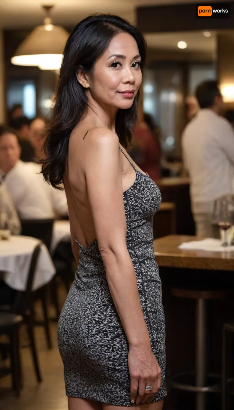 Side profile view photo of petite beautiful sexy 62 year old filipina-american temptress, she is standing in a dark crowded modern restaurant at night, wearing a tight black and white mini dress, looking back at camera, cute ass, nice legs, (((very petite body))), soft features, soft jawline, full lips, very small body, Brown eyes, long black hair, natural age appropriate face and body. Natural tits, (((mature))), some wrinkles, heavy makeup, ((aged face and body)), sultry look