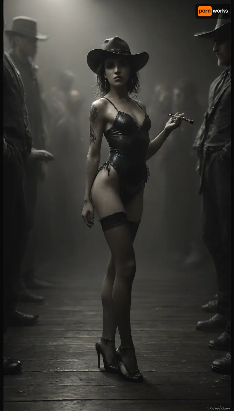 Monochrome, Wild West 1790, 1female, 1male, side view of a super sexy athletic and flat-chested and very dark skinned blonde woman, (she lies with her back in an extremely lascivious manner on a huge polished wooden floor:1.5), (wears her disheveled typical sexy long and wide Burlesque costumes:1.7), (deep neckline:1.7), slutty playful pleasuring male gunslinger’s cock with her foot, (ultra sweating body:1.6), joyful, soaked sweaty wet panties, perfect face, perfect hands, perfect feet, perfect toes grabbing cock tight, gasping wet pussy, (all over tattoo:1.6), ruffles, garter belts and cancan in a saloon, (entire couplew in frame:1.7), she wears, (sexy cancan outfit:1.3), underneath a red lingerie, (typical wide dark and long red velvet dress with many white petticoats:1.4), (black fishnet stockings:1.4), cowboy boots, seductive aura, (black dressed gunslinger with cowboy hat has erected cock:1.7), (sex with several cowboys:1.3), (dollar bills in one hand:1.3), warm golden lamplight, card tables and piano in the background, cowboys and gamblers glancing her way. Sawdust on the floor, haze of cigar smoke in the air, filled with dust and smoke, emphasizing a cinematic, dystopian cowboy atmosphere, art Style & Technique is a dirty old style, Ultra-realistic digital painting with cinematic depth of field. Highly detailed texturing on leather, skin, and hair, dramatic contrast lighting and warm dusty tones, a sharp foreground focus and a slightly blurred background to create depth, masterpiece, best quality, ultra-detailed, cinematic lighting, old west, Ultra-realistic Western art, highly detailed, cinematic moody lighting, tense but charismatic atmosphere. crowd, of, people, Black, and, white, art, black, shading, charcoal, toned, brutal, dark, b/w, color, scheme, downblouse, nipslip, <lora:crowd_notrigger:.8>, <lora:MJ52:.8>, <lora:Black and white art.V1:1.5>, <lora:RealDownblouseXL2:.8>, <lora:dark:.5>