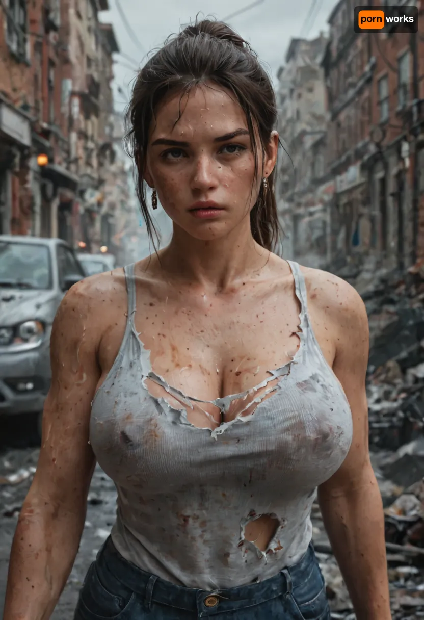 female german zombie apocalypse survivor, mid 20s, walking forward down a destroyed european city street, dirty torn tactical 2025 street clothing, bruised scratched skin, messy ponytail, sweat, large breasts, exhausted but determined expression, european facial structure, debris and broken cars on the street, burning rubble, smoke in the air, shattered concrete, cinematic dynamic movement, natural motion blur ONLY on background not face, gritty RAW ultra realistic photography, high resolution, depth of field, survival realism documentary war photography style, cold desaturated overcast winter daylight, grey skies, european winter light, subtle blue tone, harsh realism