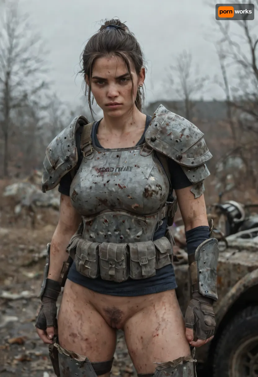 female german zombie apocalypse survivor, mid 20s, wearing makeshift scavenger armor, patched torn tactical 2025 street clothing reinforced with salvaged metal plates, duct tape reinforcement, cut tire rubber shoulder guard, improvised forearm protection, rugged fingerless gloves, dirty worn knee pads, bruised scratched skin, messy ponytail, large breasts, exposed pussy, pubic hair, intense determined stare, gritty ultra realistic photography, high resolution, depth of field, survival realism documentary war photography style, cold desaturated overcast winter daylight, grey skies, european winter light, subtle blue tone, harsh realism